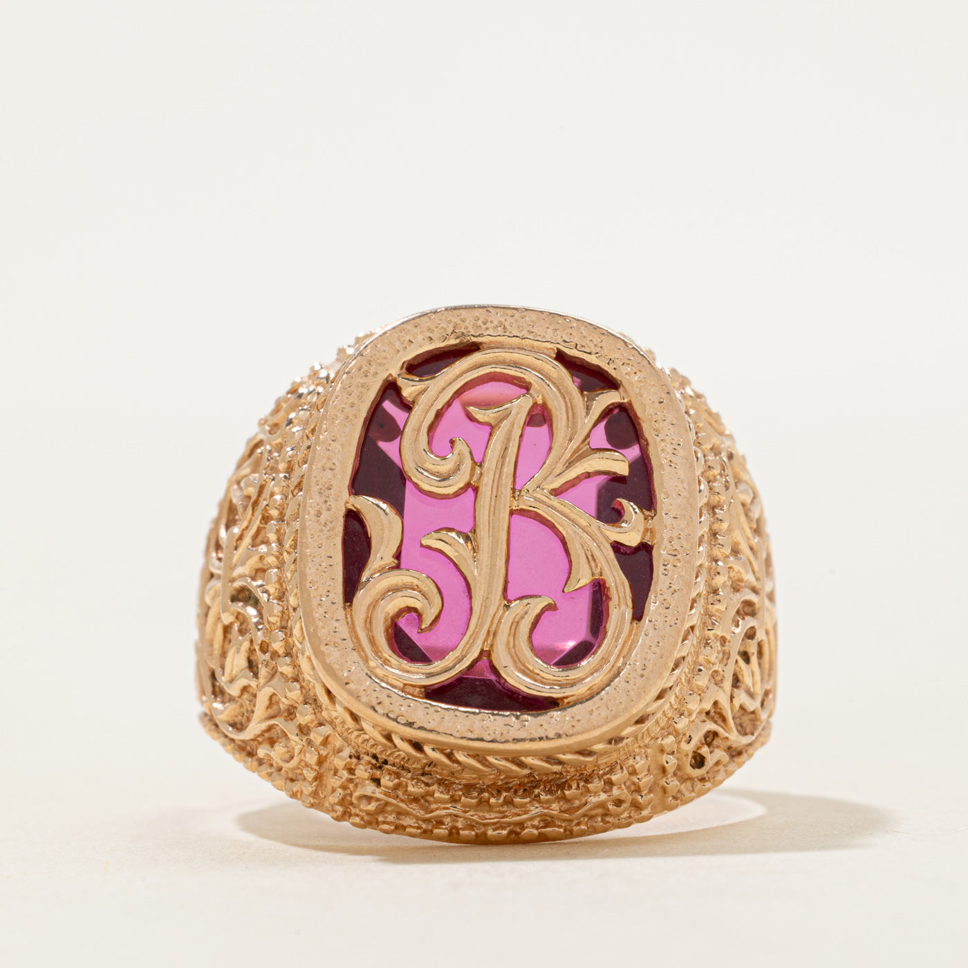 1978 Odesa Synthetic Ruby "B" Scrollwork Signet Ring | SZ 10.75