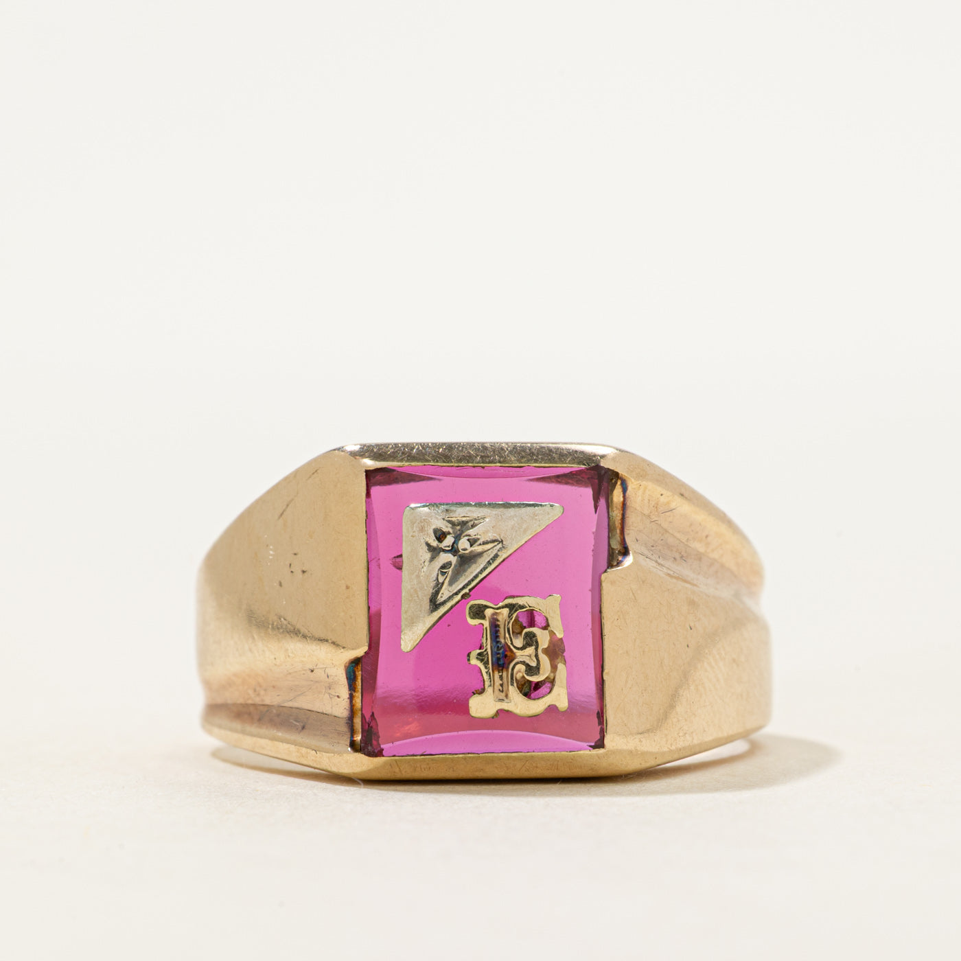 Bezel Set Synthetic Ruby "E" Signet Ring | SZ 12