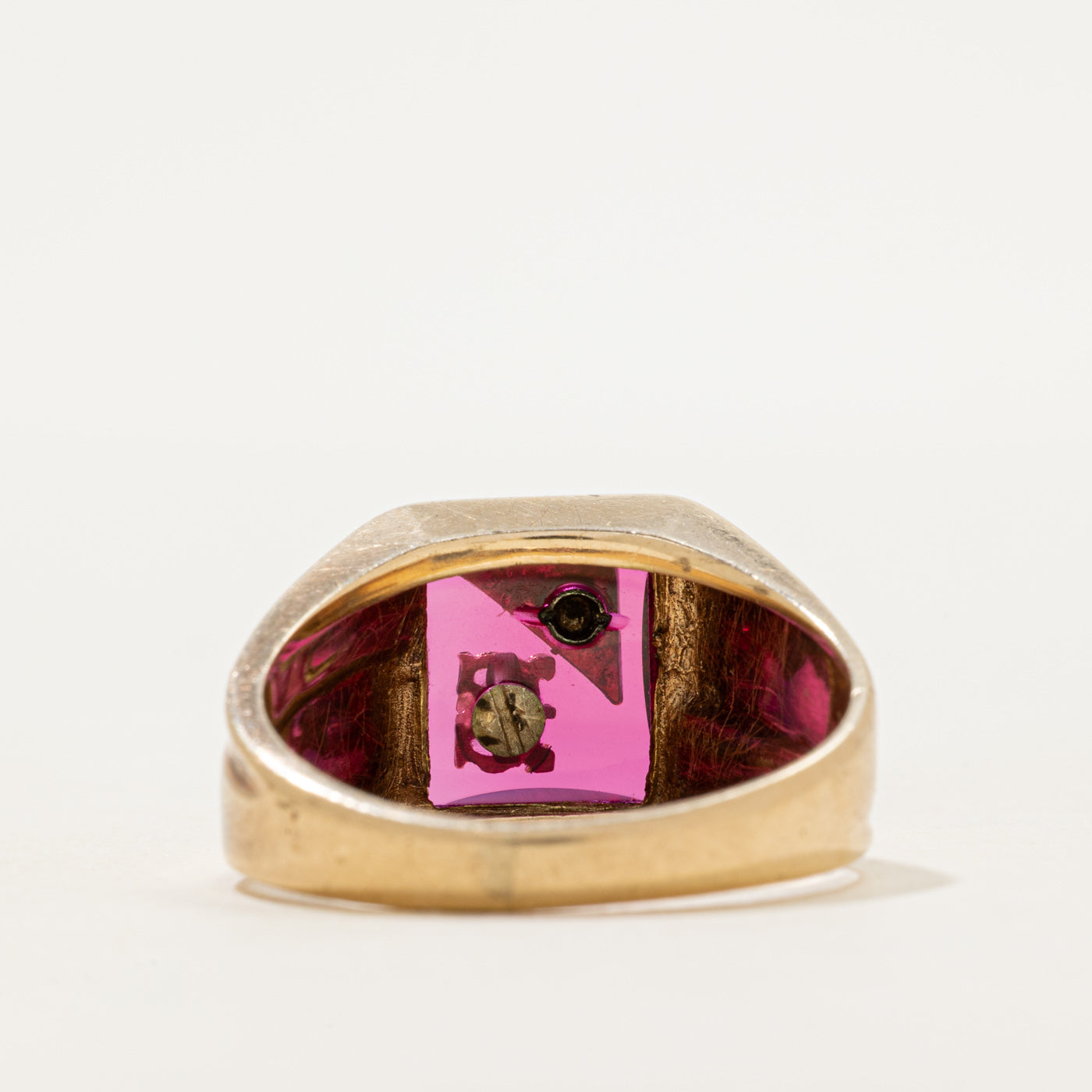 Bezel Set Synthetic Ruby "E" Signet Ring | SZ 12