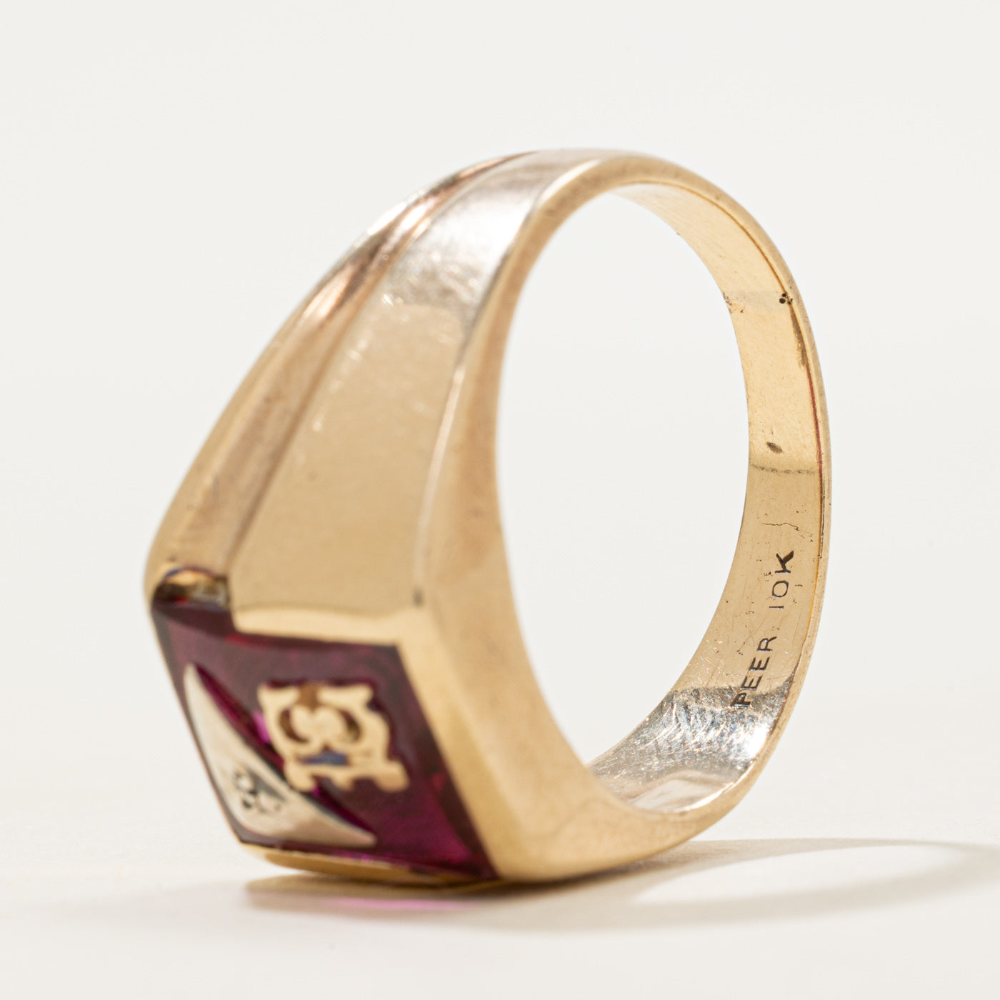 Bezel Set Synthetic Ruby "E" Signet Ring | SZ 12