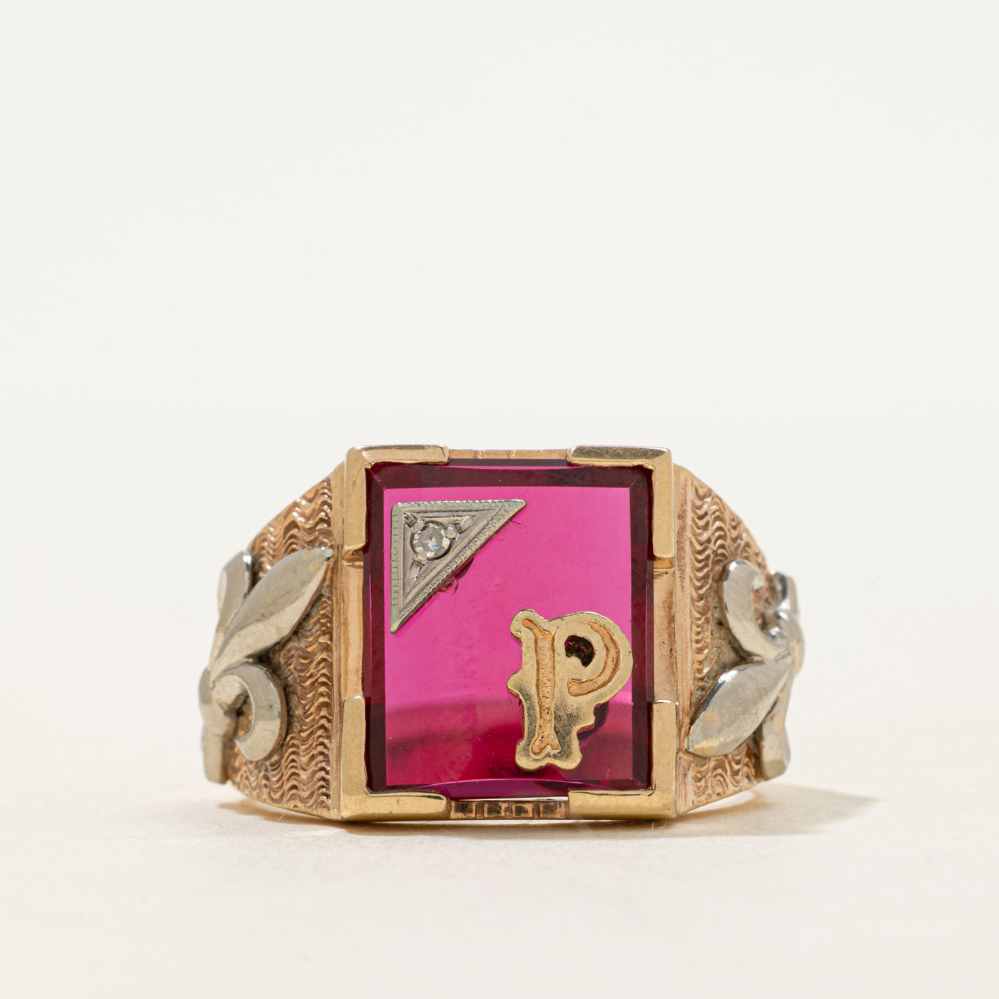 Synthetic Ruby & Diamond "P" Signet Ring | SZ 10