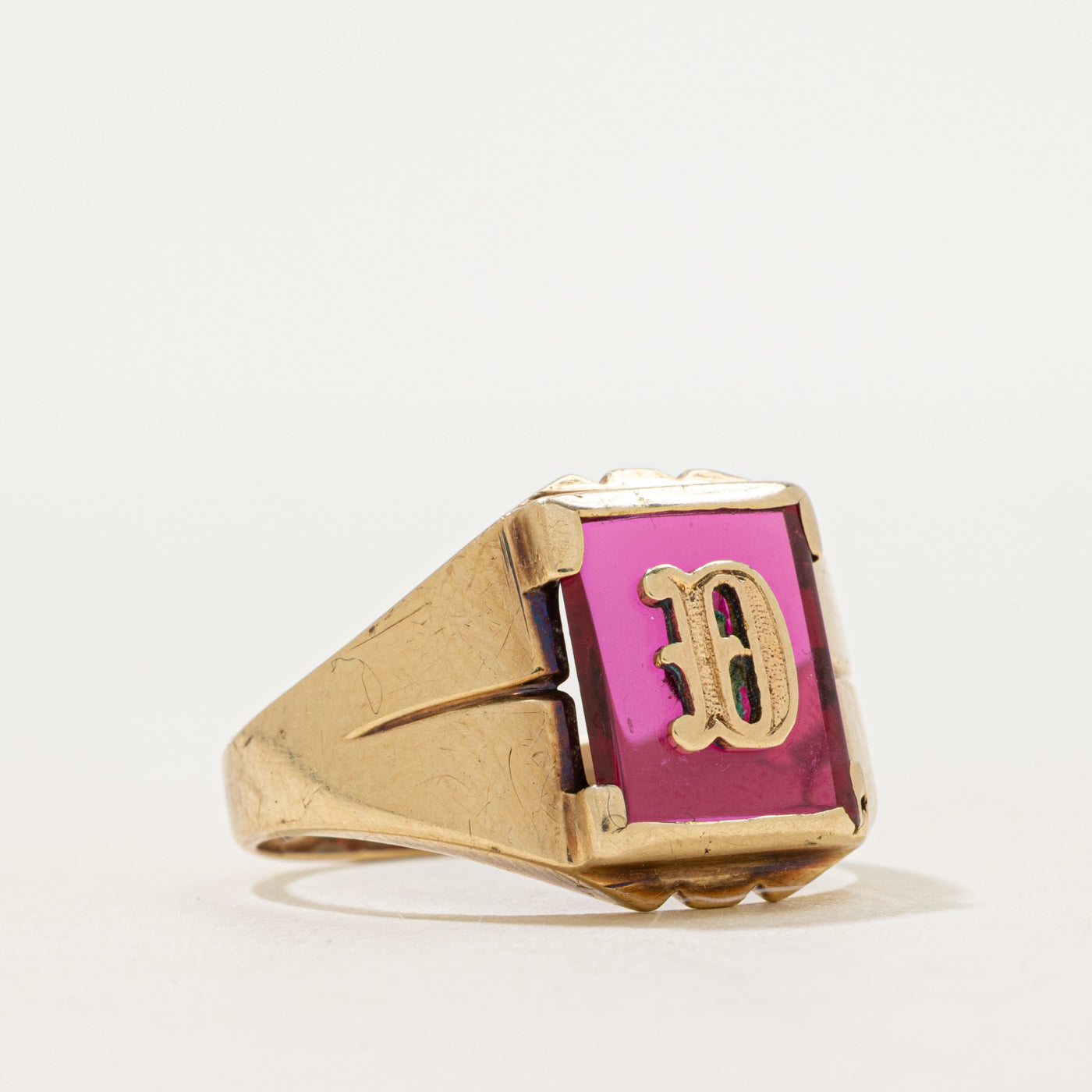 Synthetic Ruby "D" Initial Signet Ring | SZ 10.25