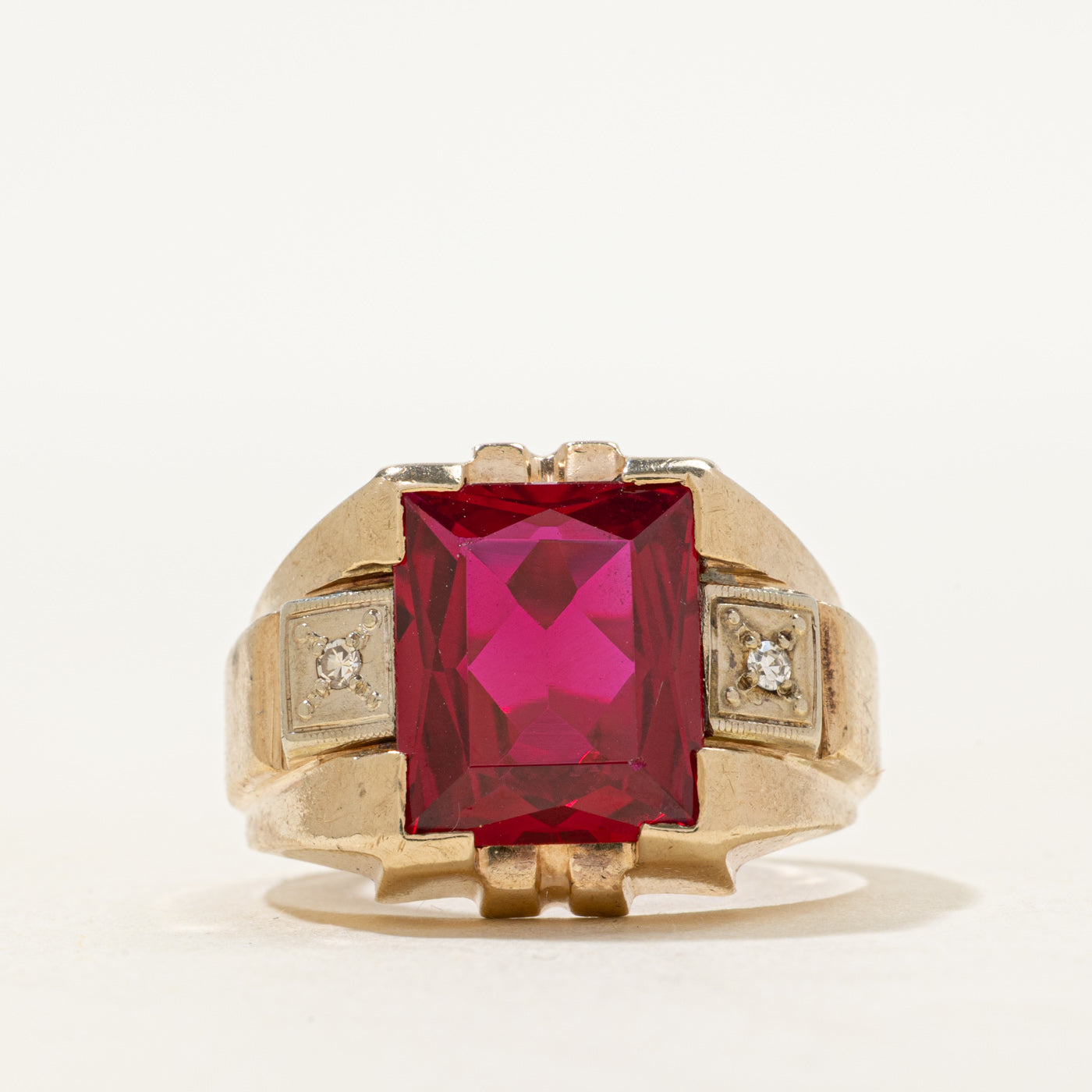 Rectangle Cut Synthetic Ruby & Natural Diamond Signet Ring | SZ 8.25
