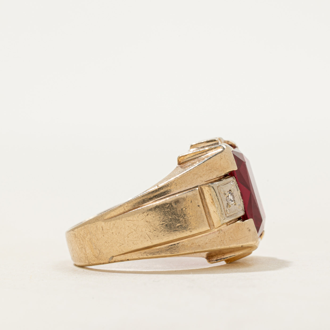 Rectangle Cut Synthetic Ruby & Natural Diamond Signet Ring | SZ 8.25