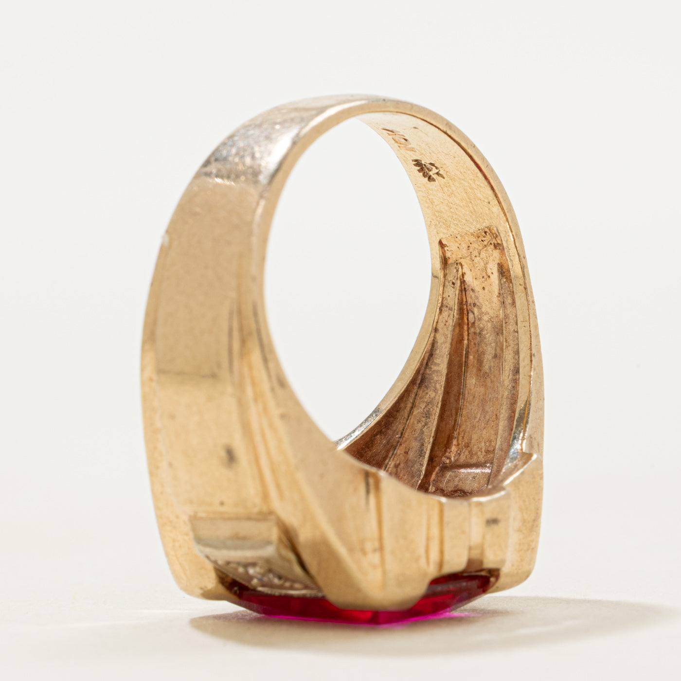 Rectangle Cut Synthetic Ruby & Natural Diamond Signet Ring | SZ 8.25