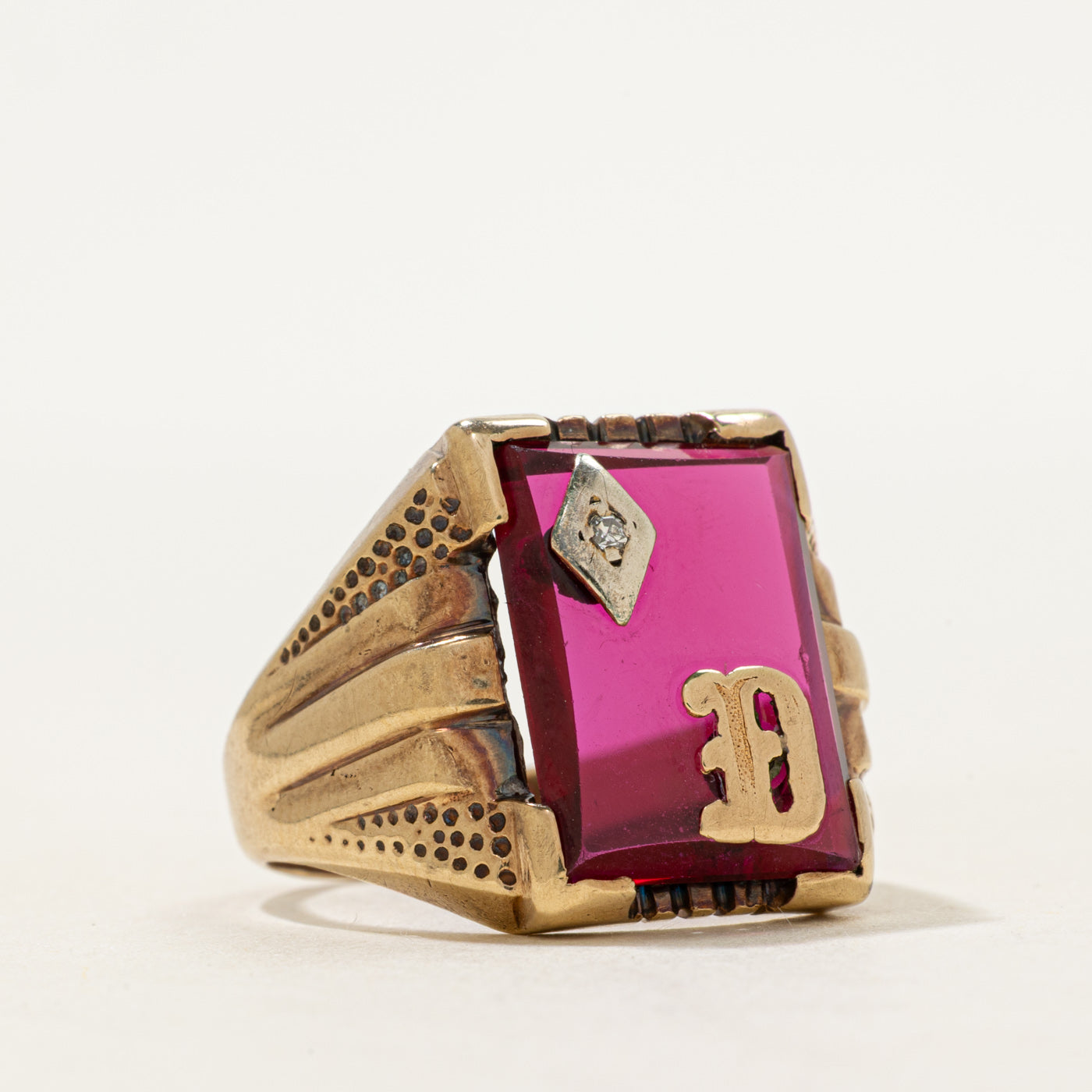 Synthetic Ruby & Natural Diamond "D" Signet Ring | SZ 10
