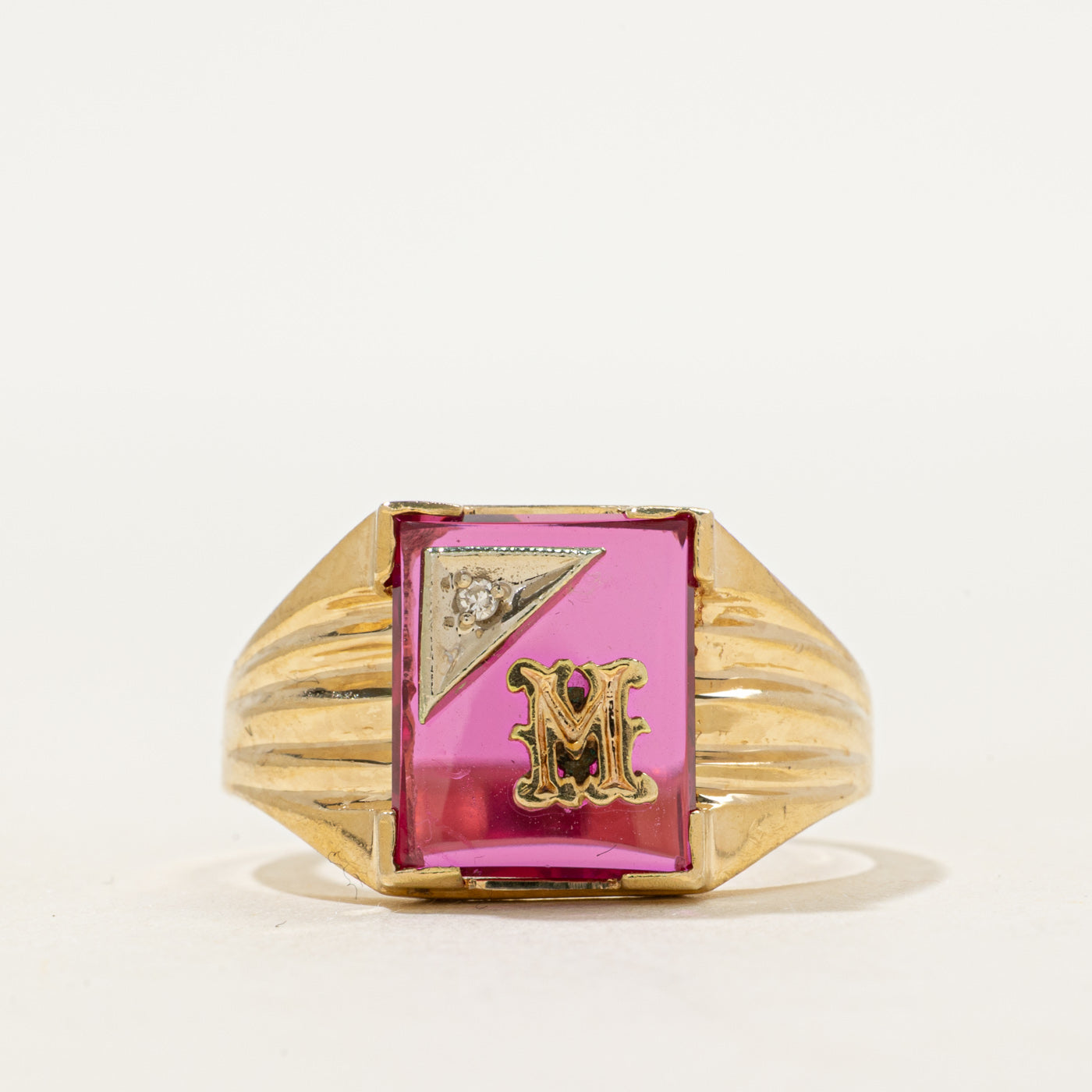 Synthetic Ruby & Natural Diamond "M" Grooved Signet Ring | SZ 10.75