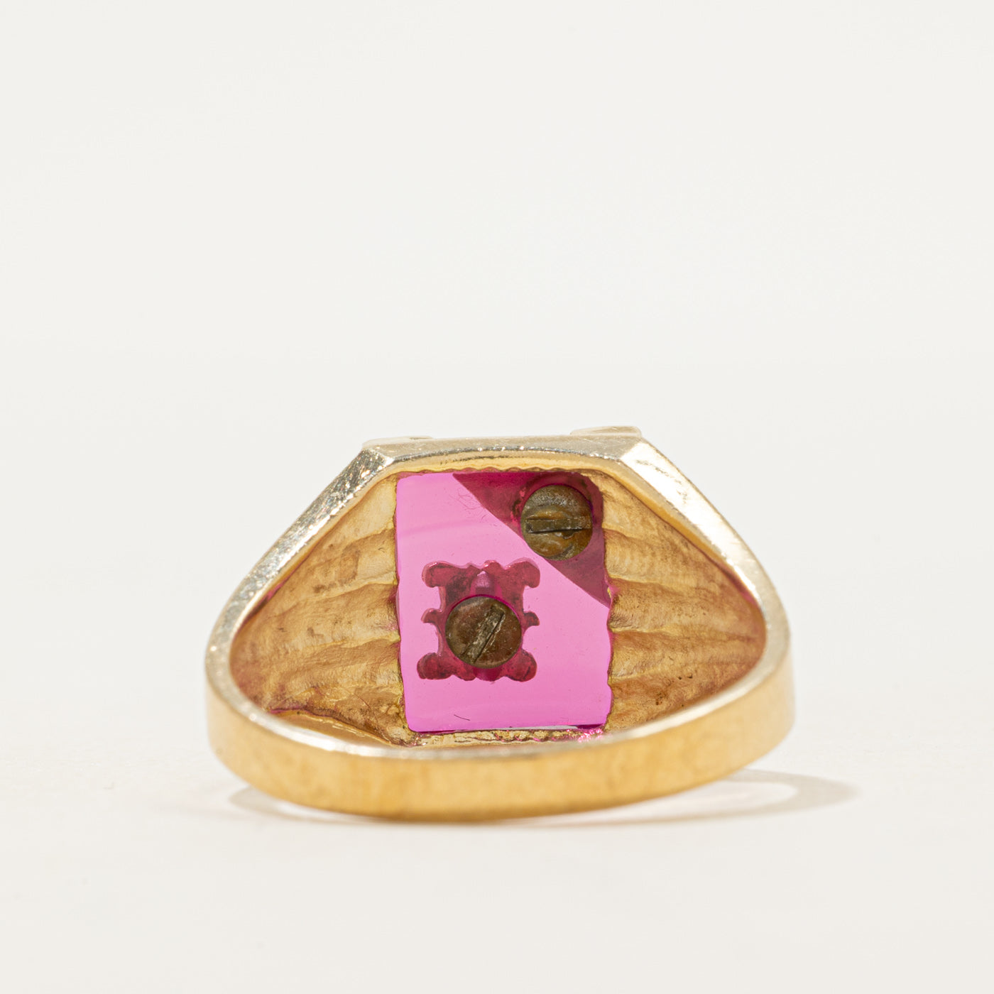 Synthetic Ruby & Natural Diamond "M" Grooved Signet Ring | SZ 10.75