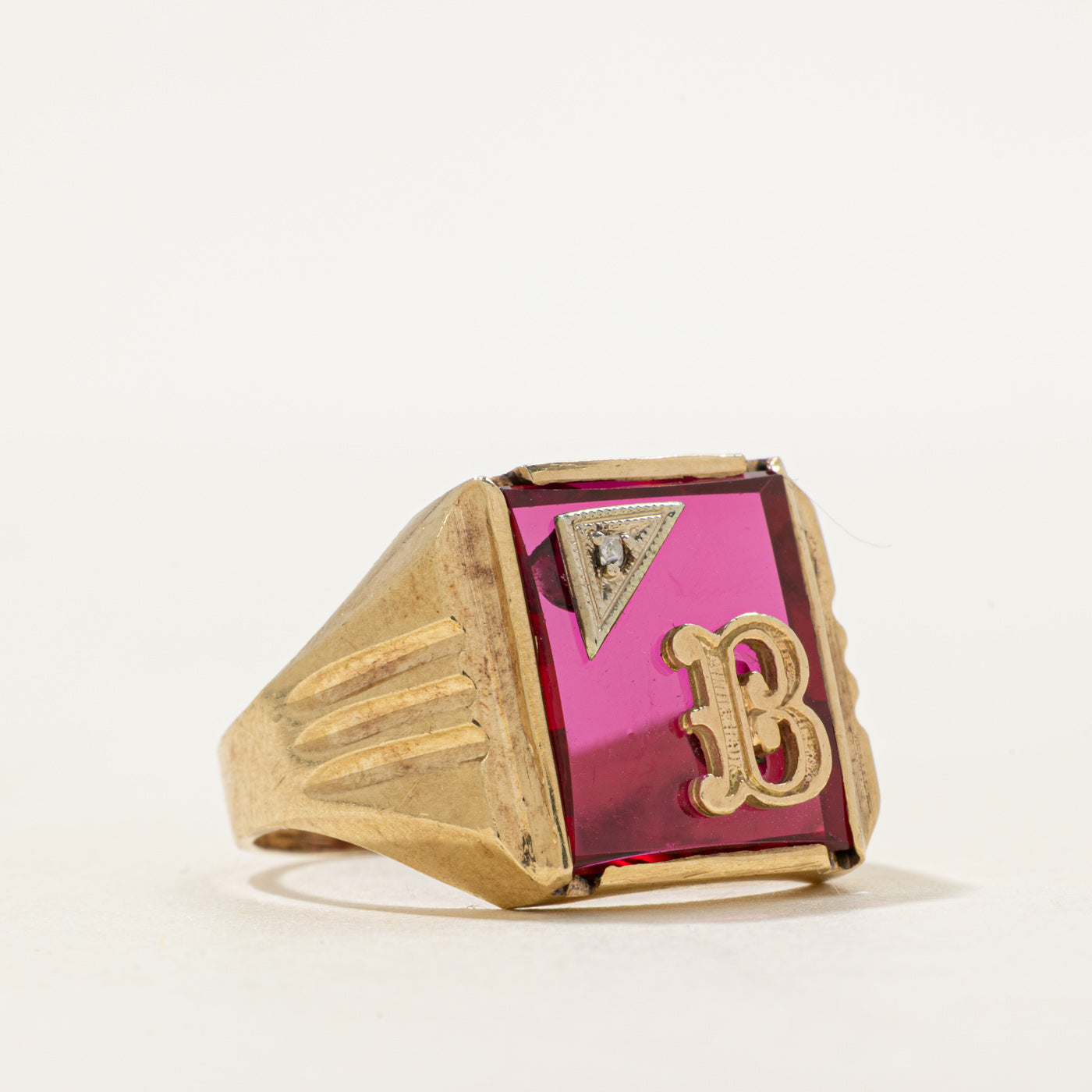 Synthetic Ruby & Natural Diamond "B" Signet Ring | SZ 11