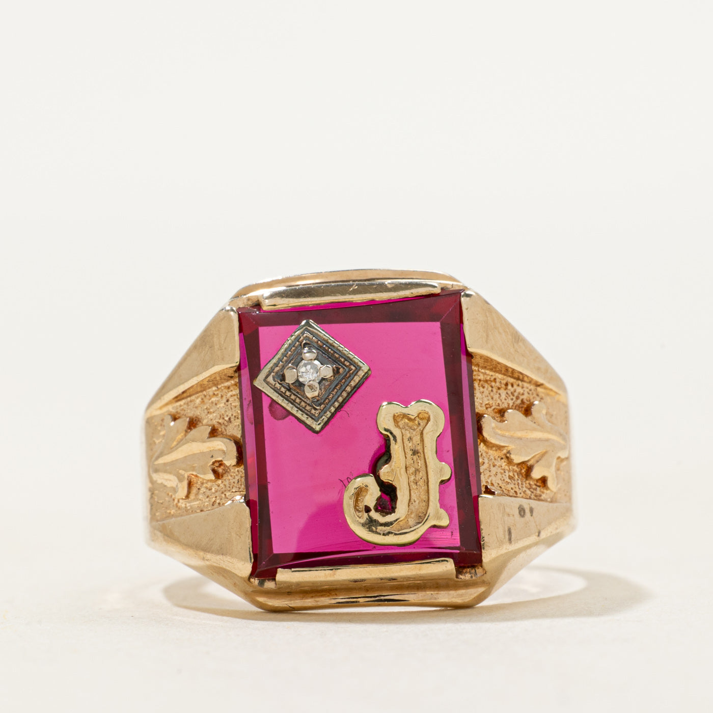 Synthetic Ruby & Natural Diamond "J" Signet Ring | SZ 8