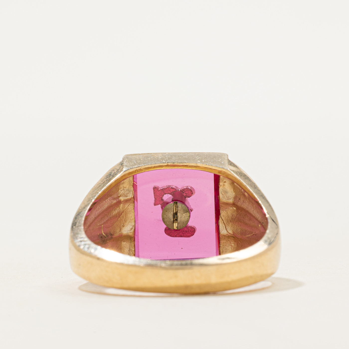 Synthetic Ruby "F" Grooved Signet Ring | SZ 9.25