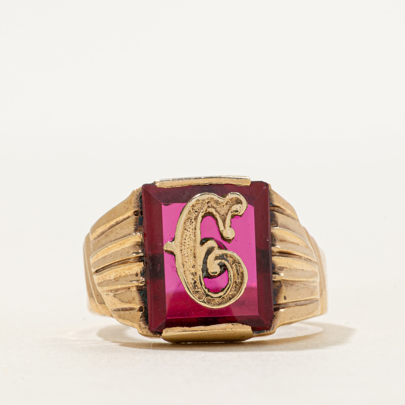 Synthetic Ruby "C" Initial Grooved Signet Ring | SZ 7.75
