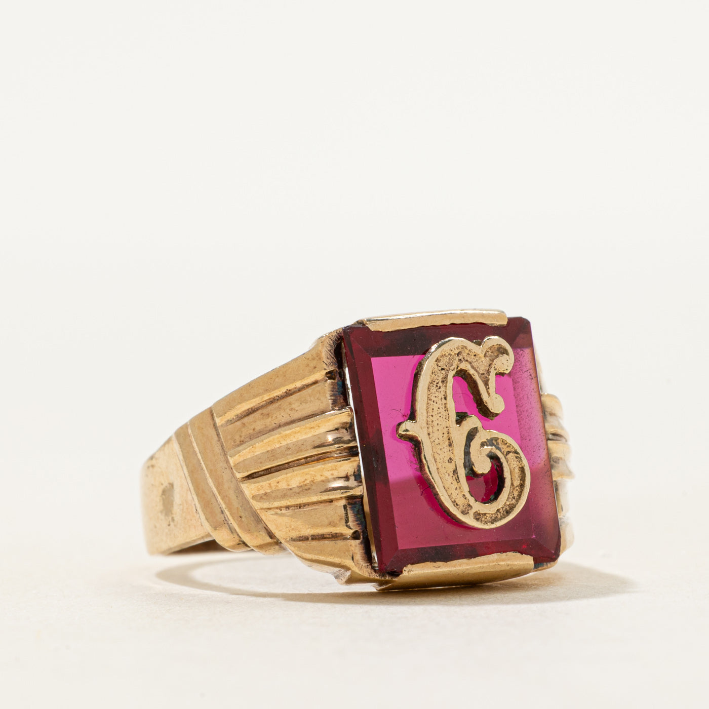 Synthetic Ruby "C" Initial Grooved Signet Ring | SZ 7.75