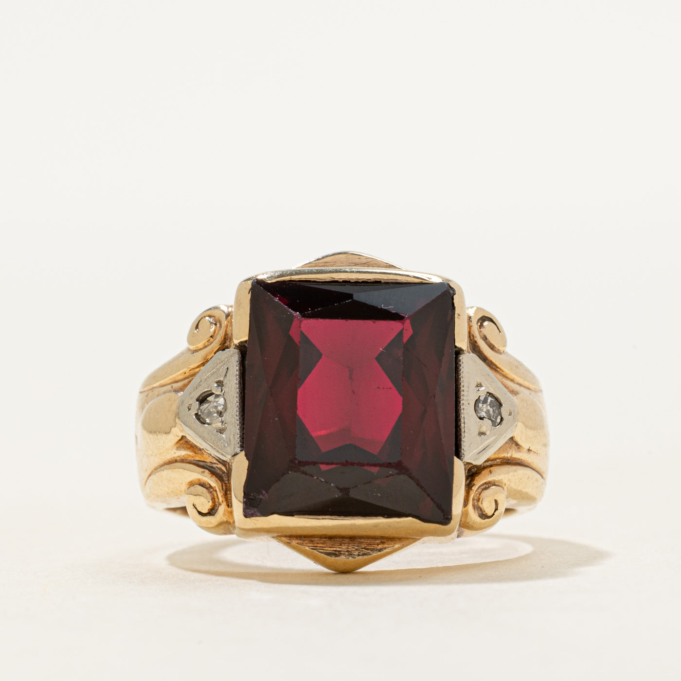 Synthetic Ruby & Natural Diamond Scrollwork Ring | SZ 6