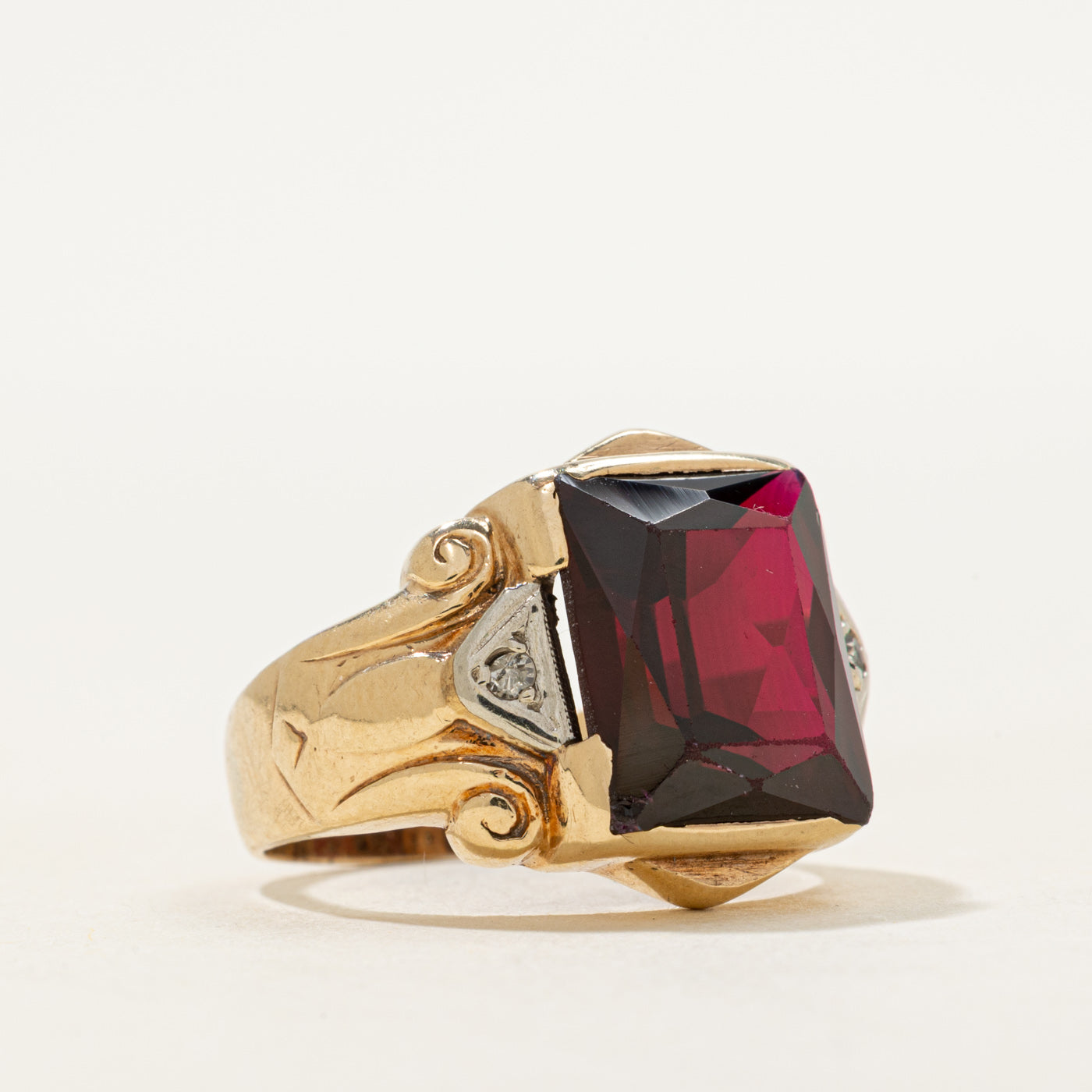 Synthetic Ruby & Natural Diamond Scrollwork Ring | SZ 6