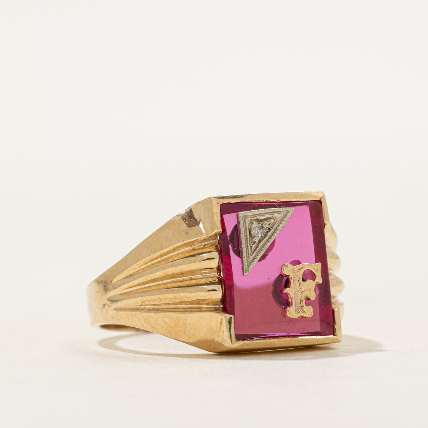 Synthetic Ruby & Natural Diamond "F" Signet Ring | SZ 9.5