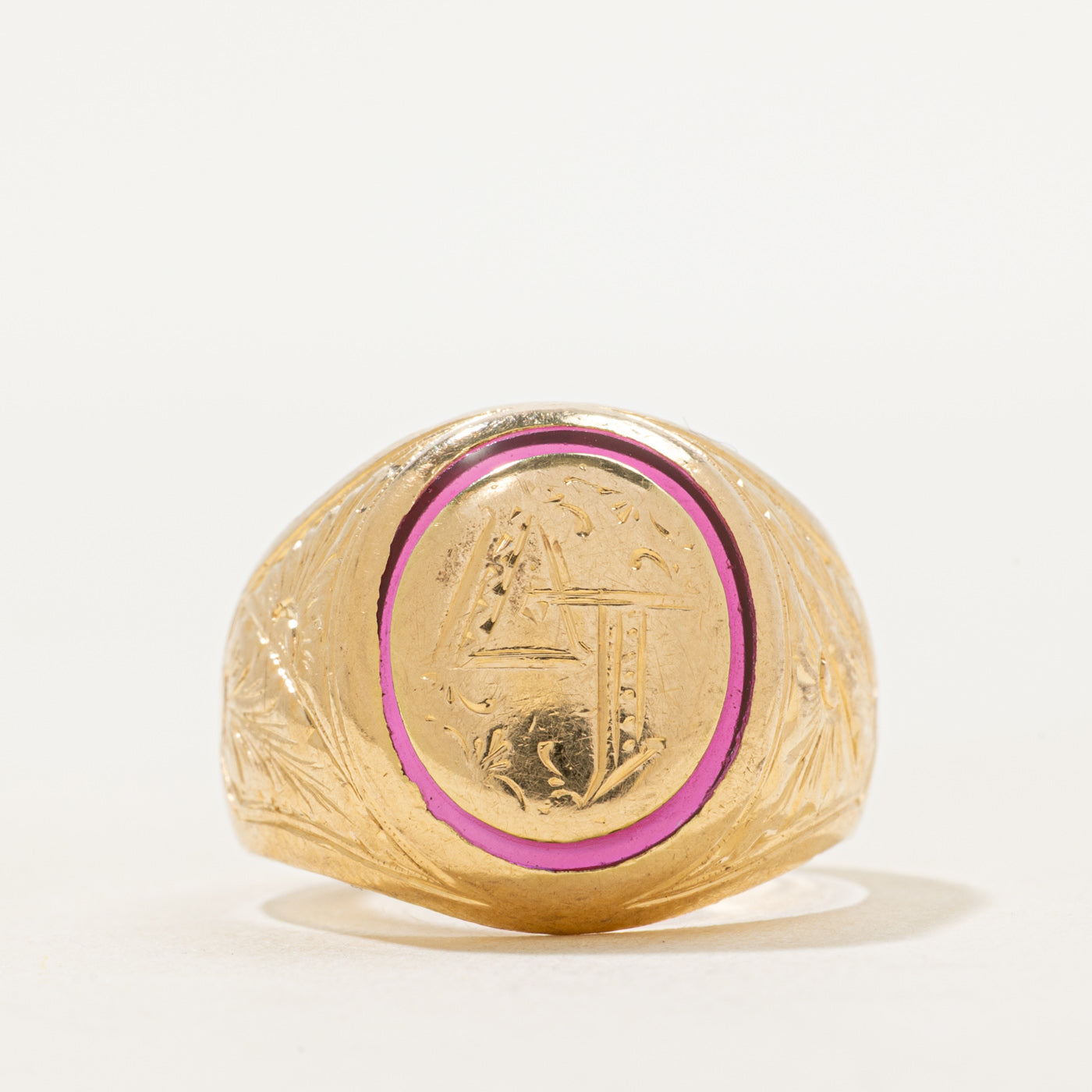 18k Synthetic Ruby "AT" Engraved Signet Ring | SZ 8