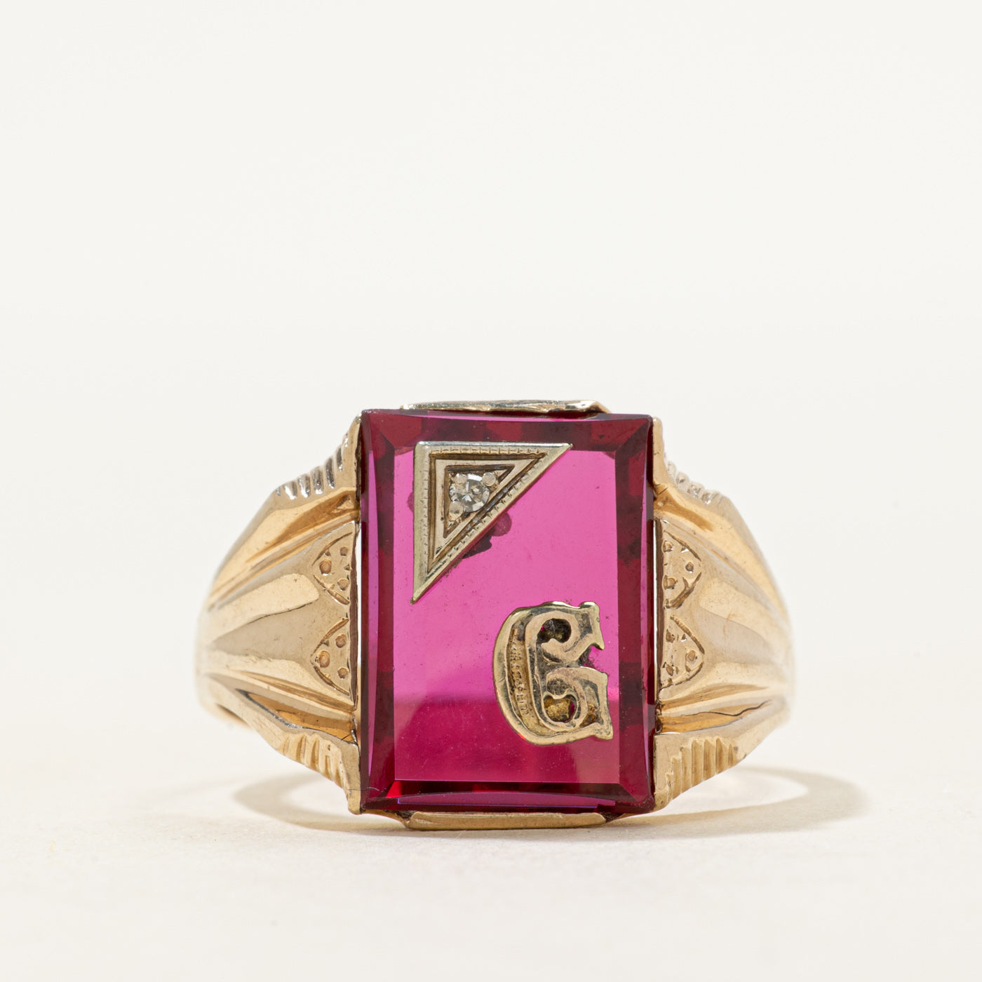 Synthetic Ruby & Natural Diamond "G" Initial Signet Ring | SZ 9.5
