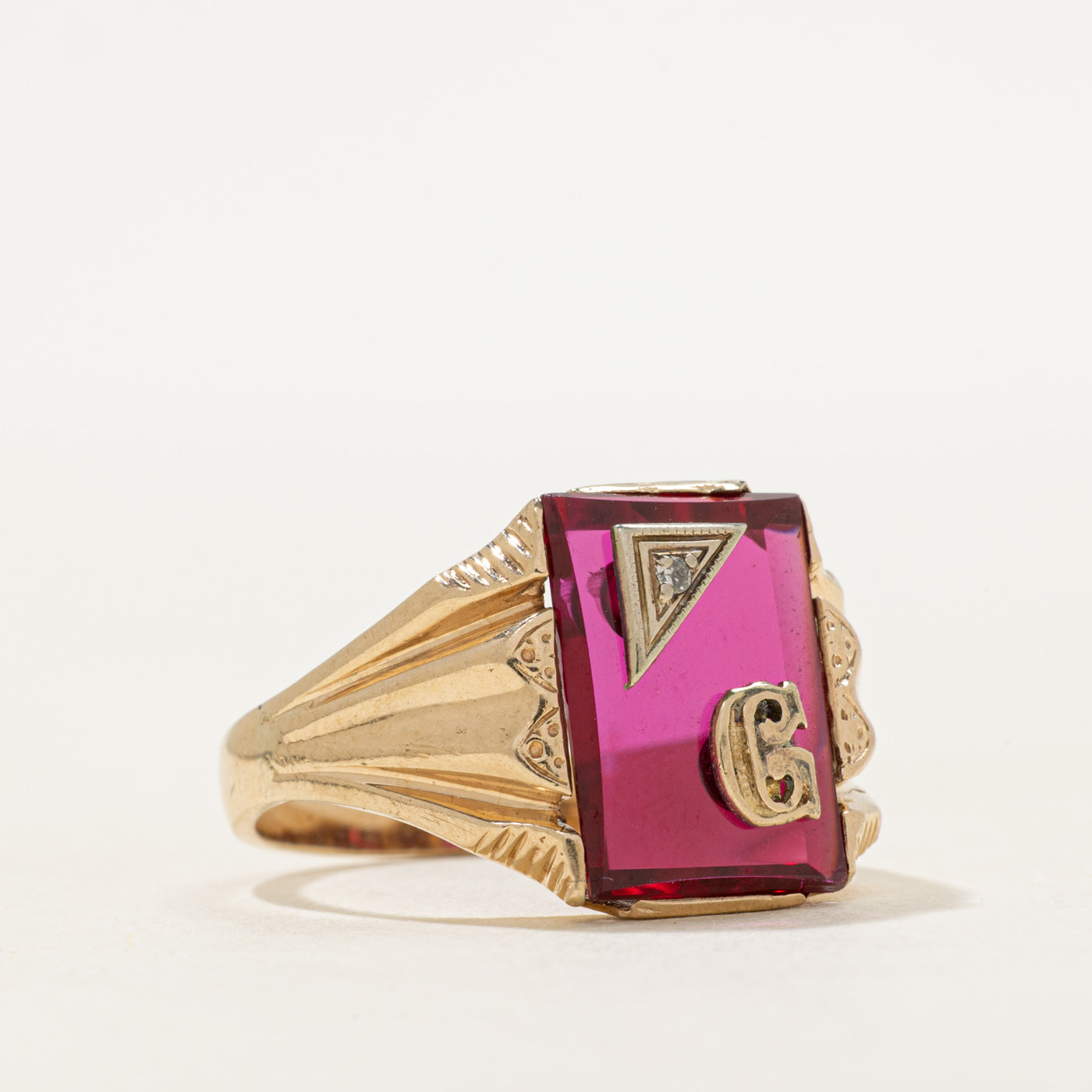 Synthetic Ruby & Natural Diamond "G" Initial Signet Ring | SZ 9.5