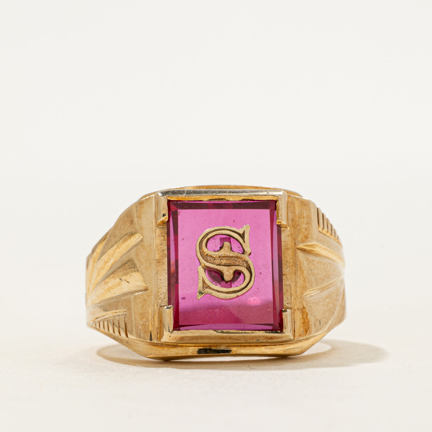 Synthetic Ruby "S" Initial Signet Ring | SZ 10