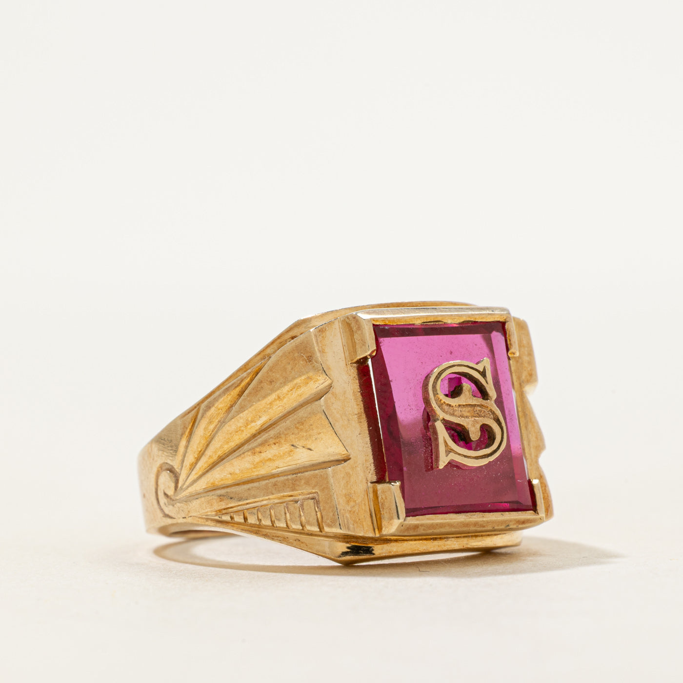 Synthetic Ruby "S" Initial Signet Ring | SZ 10
