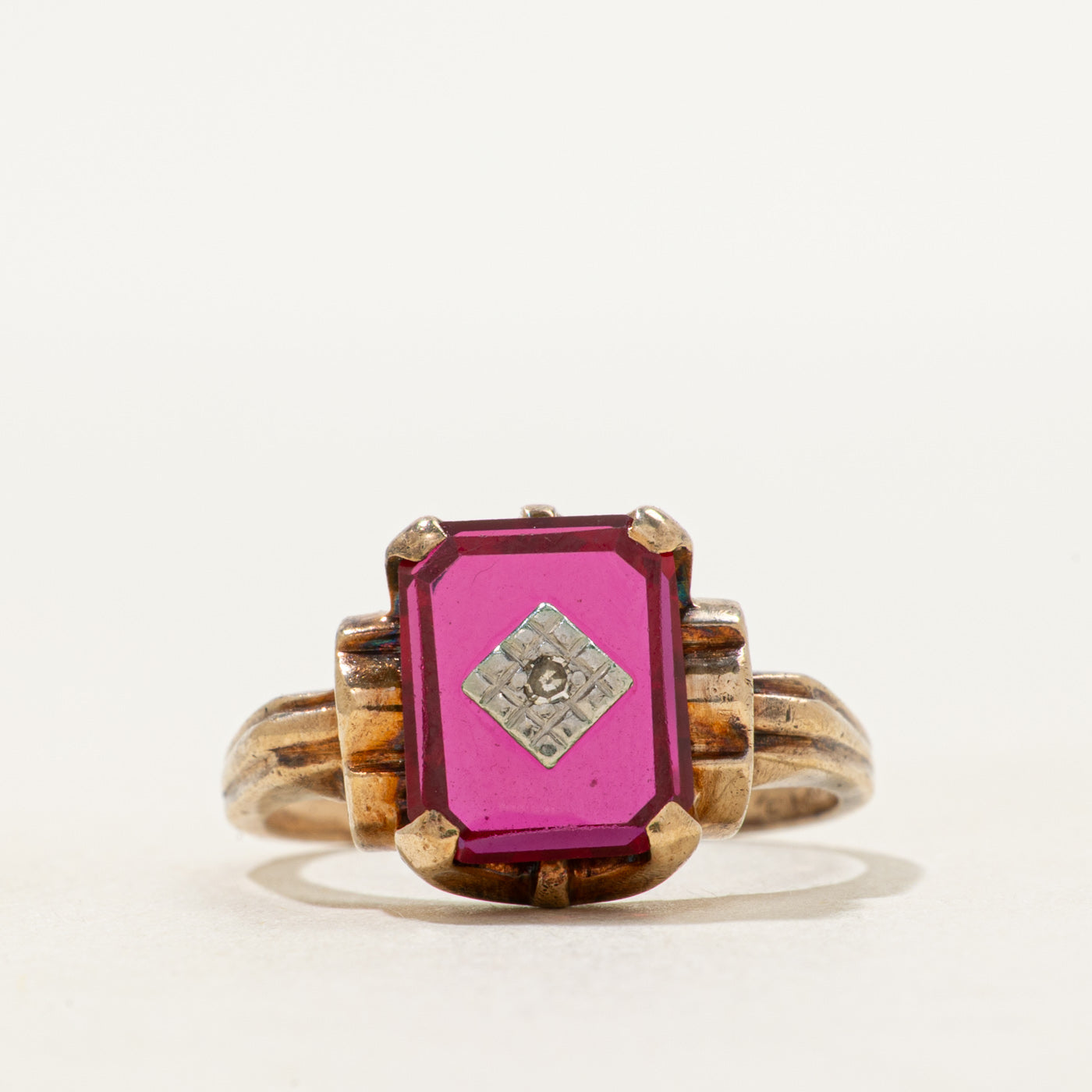 Synthetic Ruby & Diamond Grooved Ring | SZ 7.25