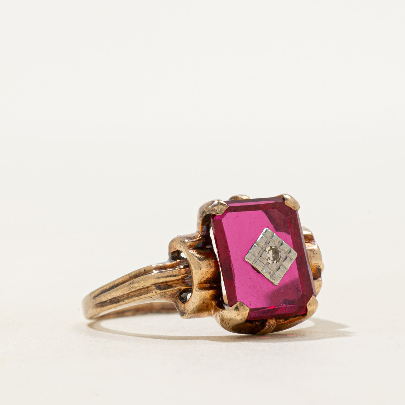 Synthetic Ruby & Diamond Grooved Ring | SZ 7.25