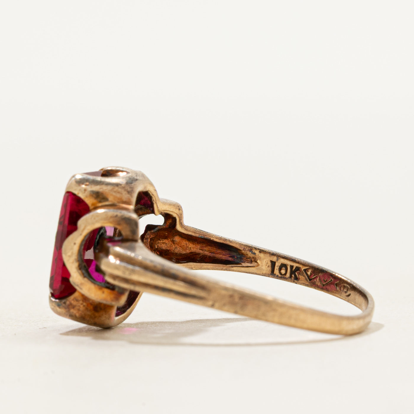 Synthetic Ruby & Diamond Grooved Ring | SZ 7.25