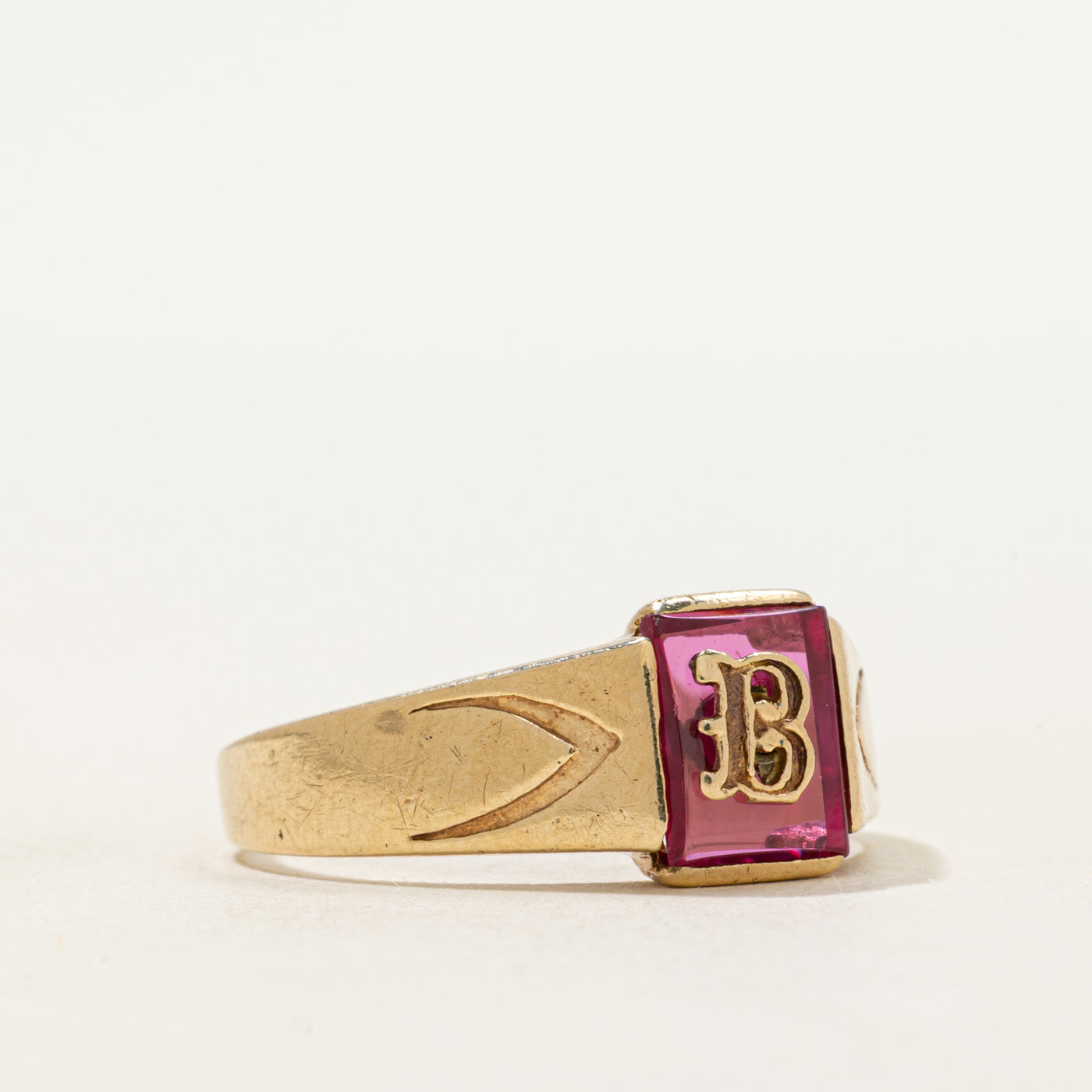 Synthetic Ruby "B" Initial Signet Ring | SZ 9.5