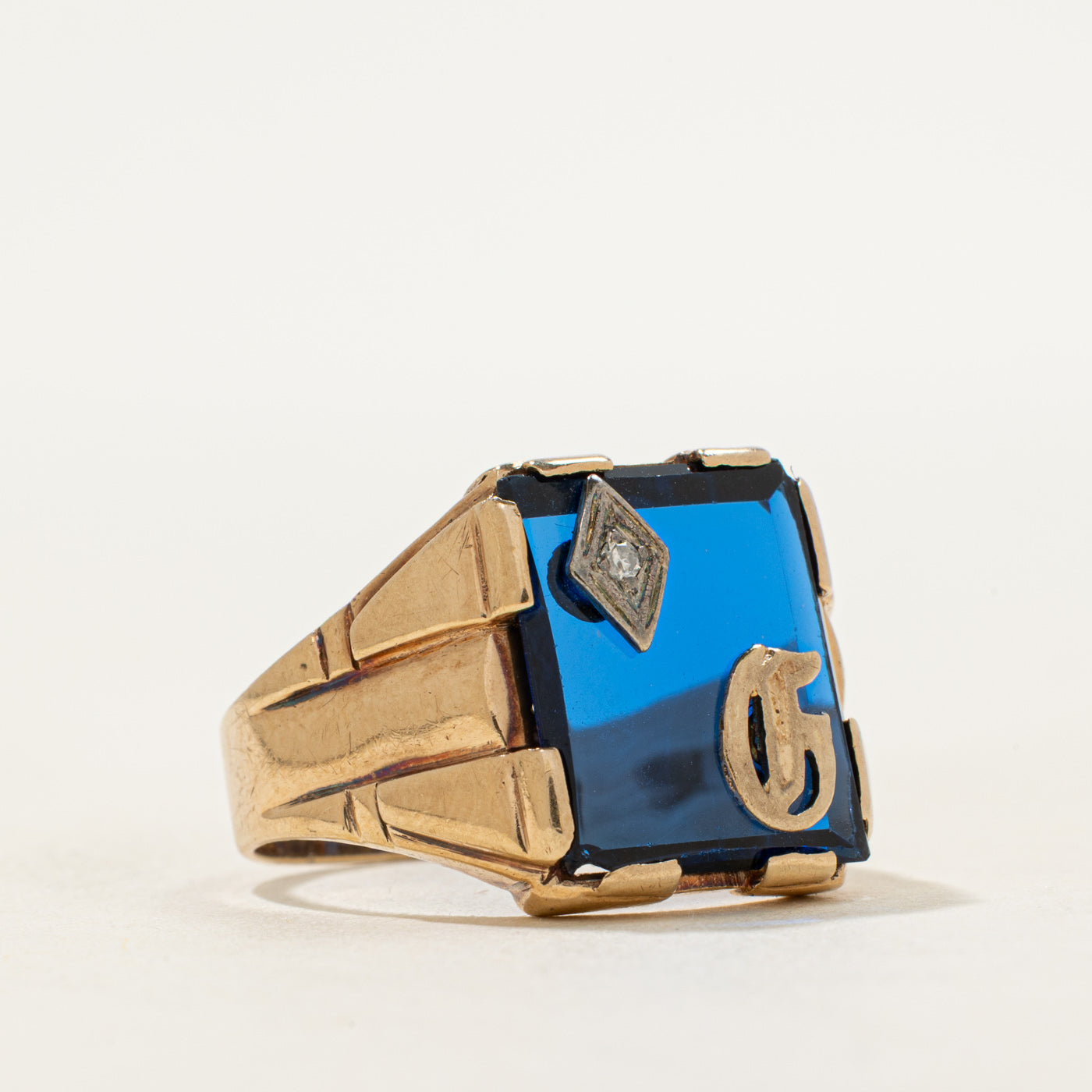 Synthetic Sapphire & Natural Diamond "G" Initial Signet Ring | SZ 8.75