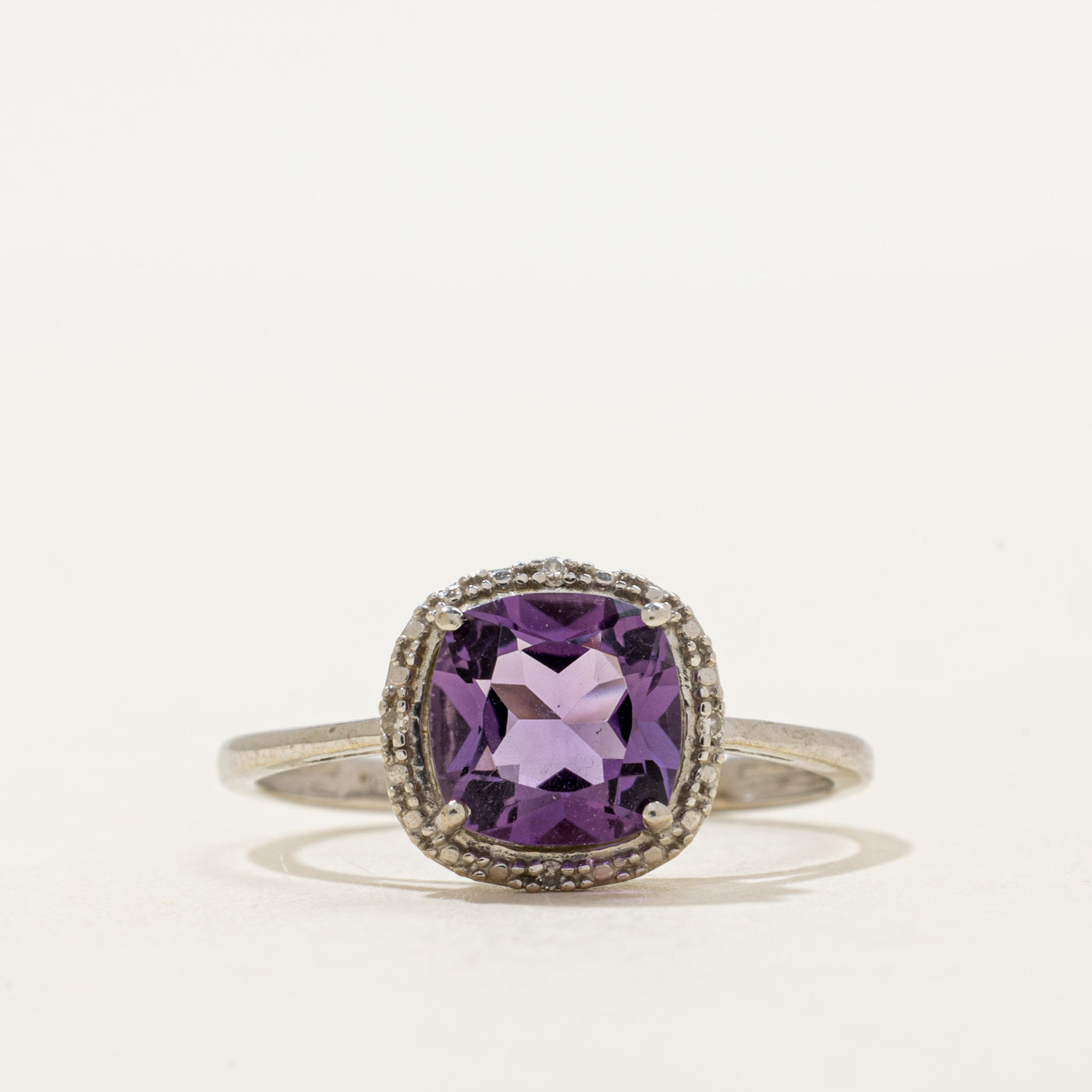 Cushion Cut Amethyst & Diamond Halo Ring | SZ 6.25