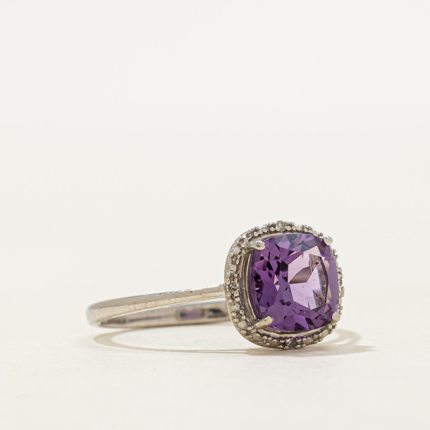 Cushion Cut Amethyst & Diamond Halo Ring | SZ 6.25