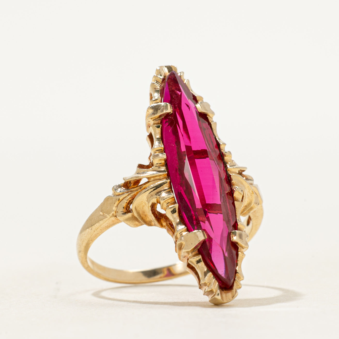 Synthetic Ruby Scrollwork Navette Ring | SZ 7