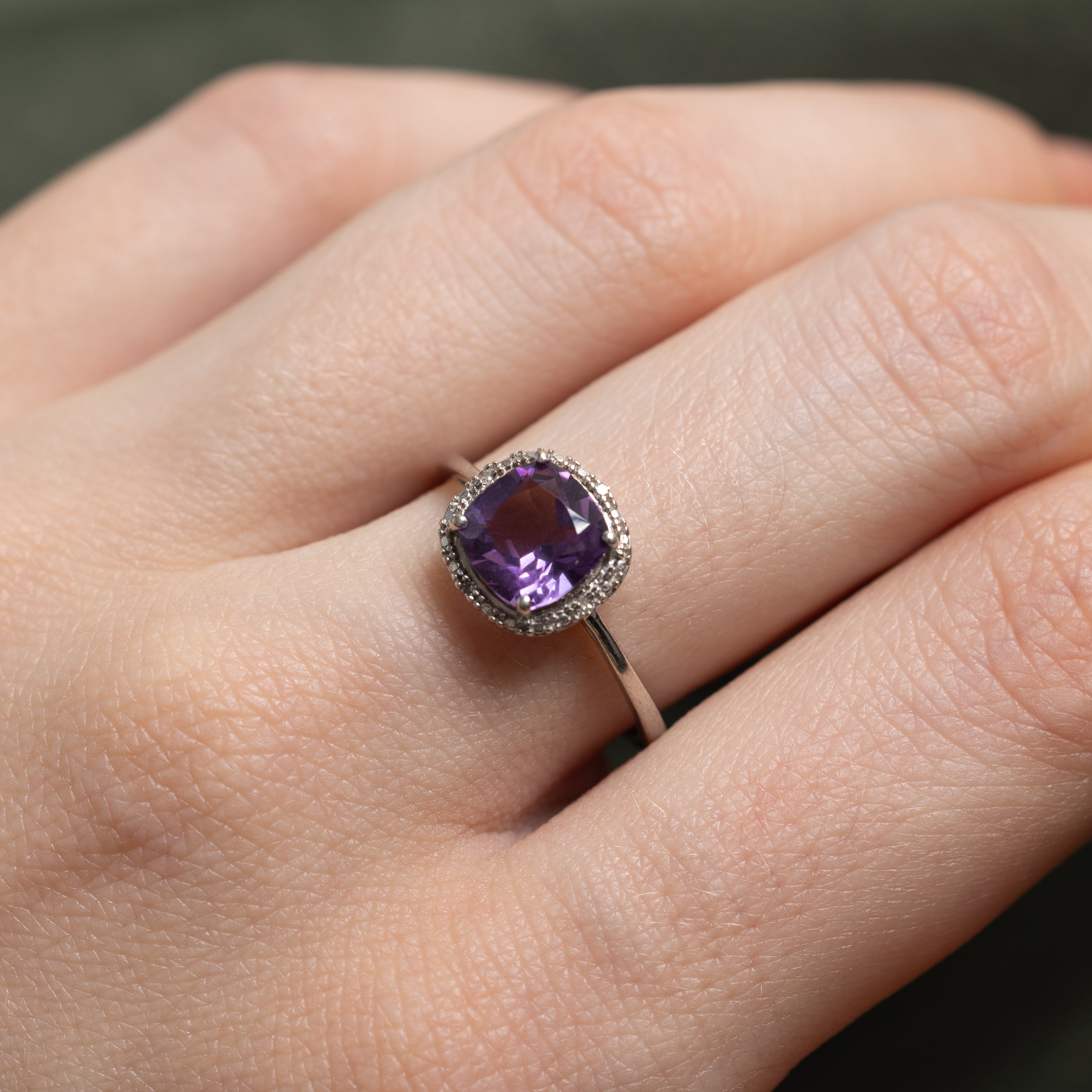 Cushion Cut Amethyst & Diamond Halo Ring | SZ 6.25