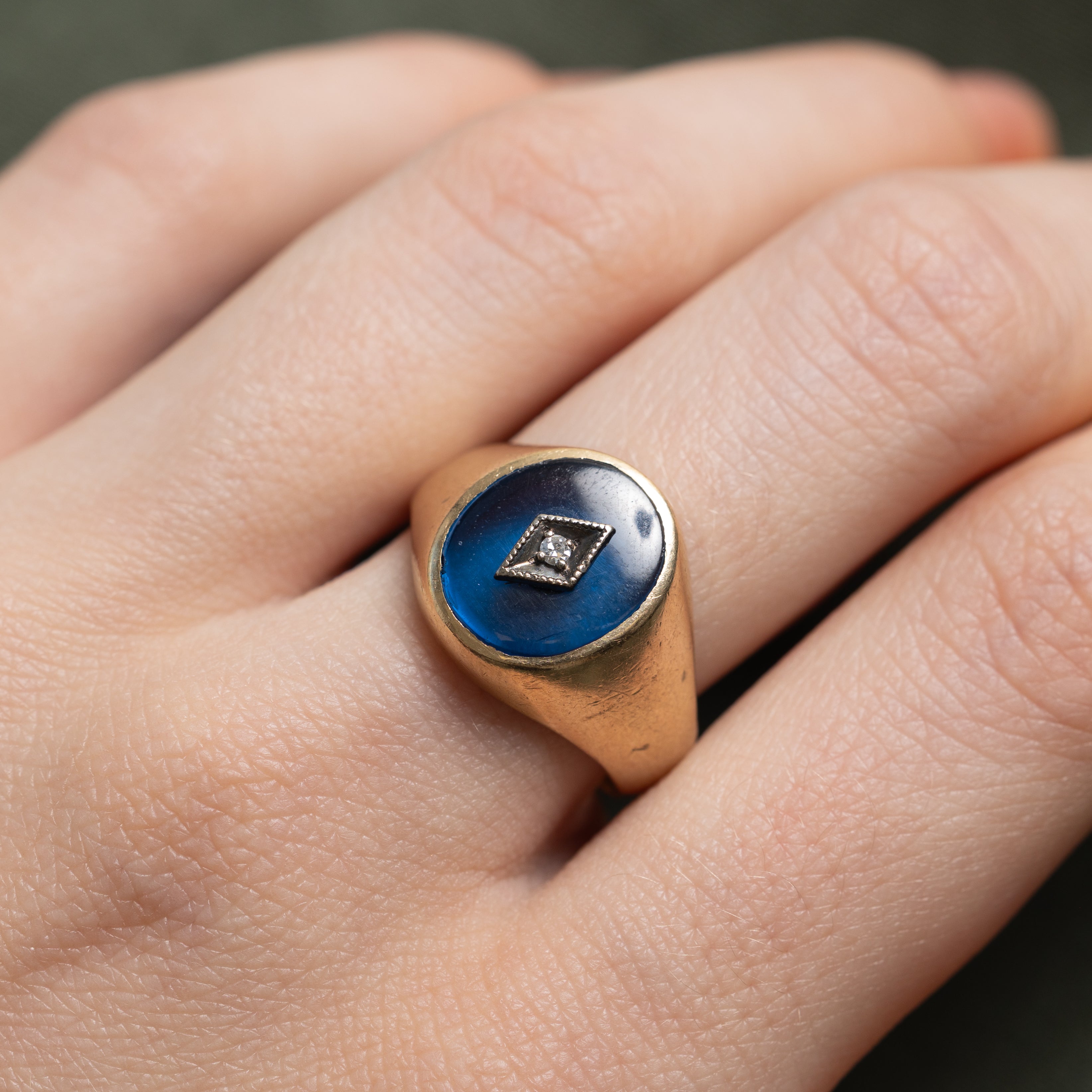 Synthetic Sapphire & Natural Diamond Signet Ring | SZ 7.5