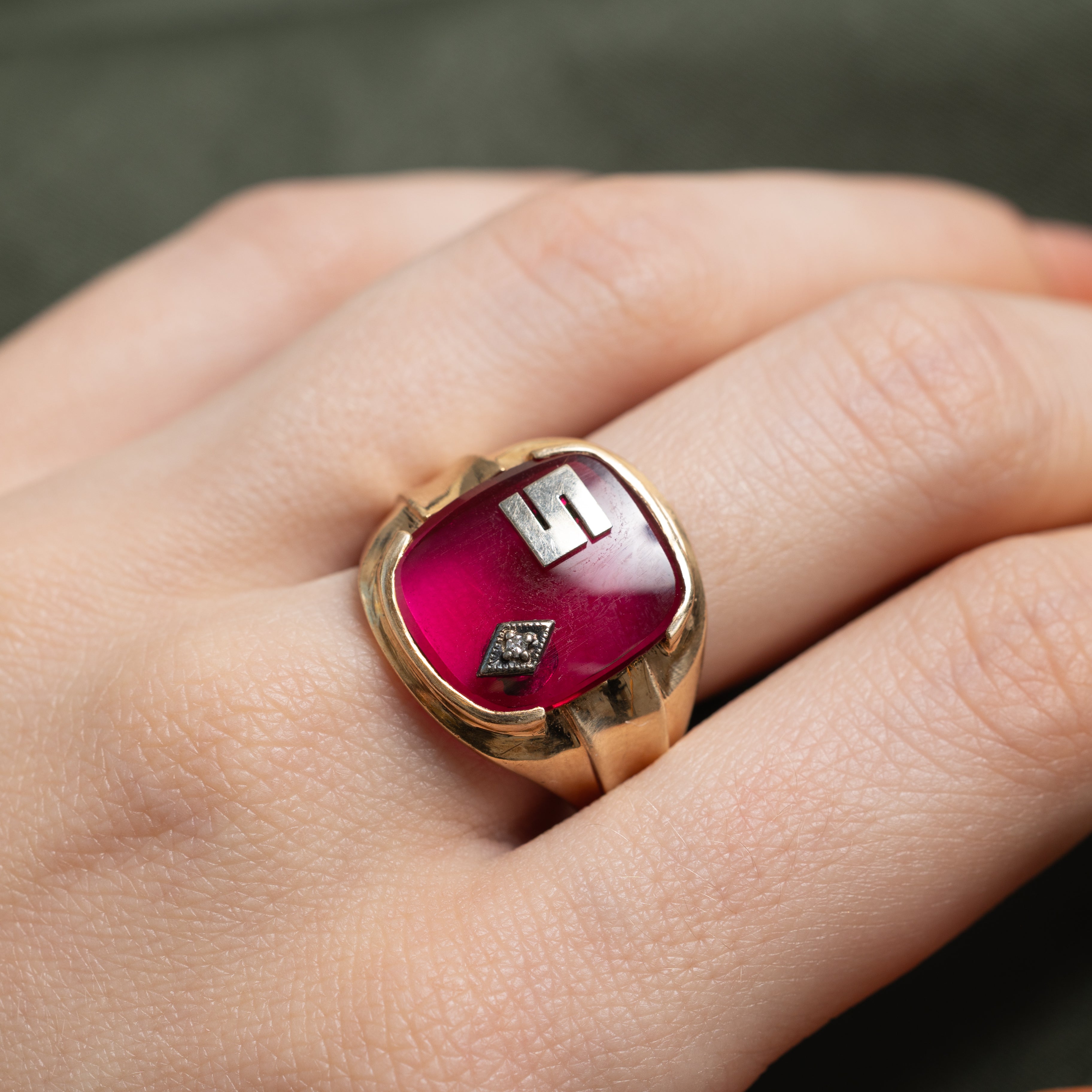 Synthetic Ruby & Natural Diamond "S" Signet Ring | SZ 10.25