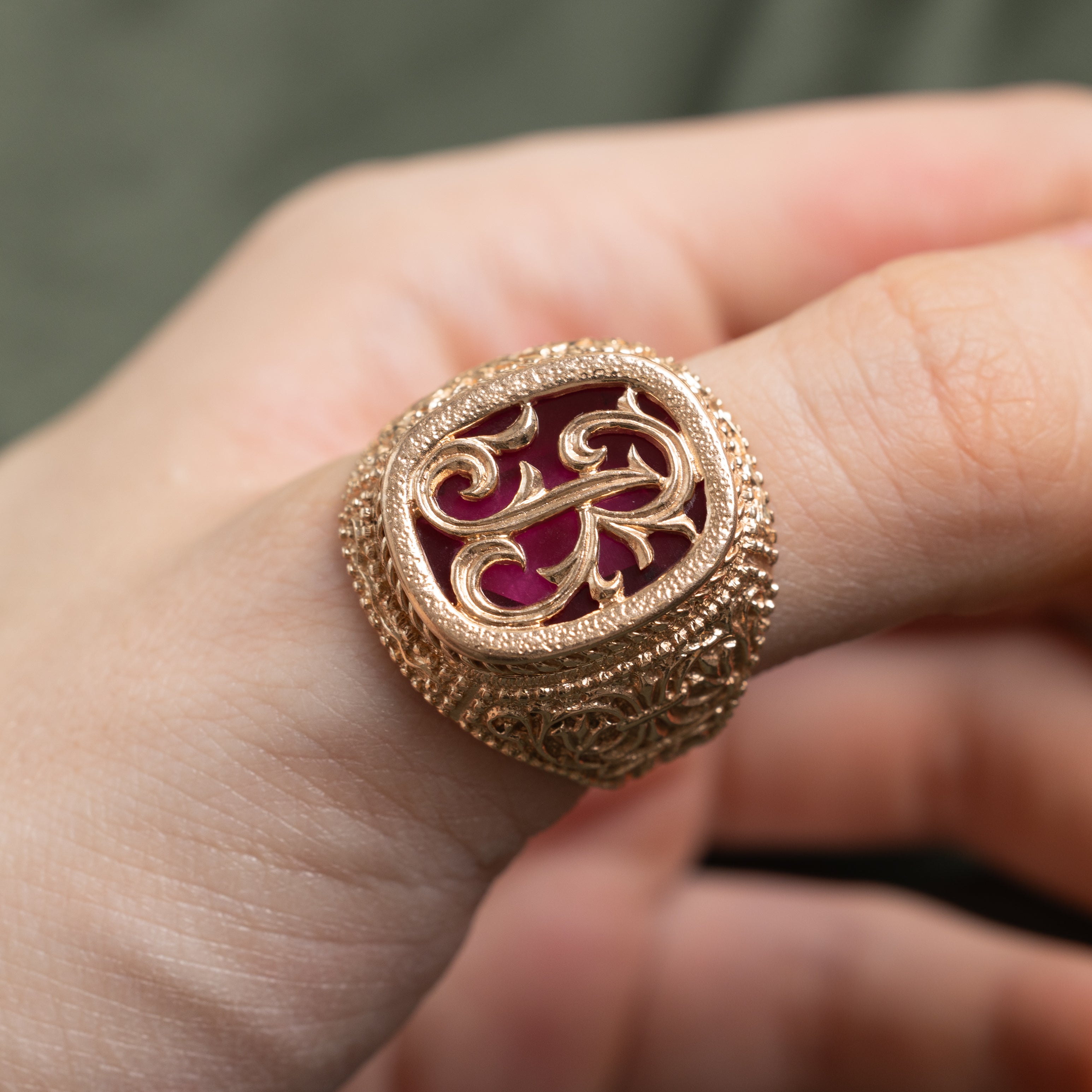 1978 Odesa Synthetic Ruby "B" Scrollwork Signet Ring | SZ 10.75