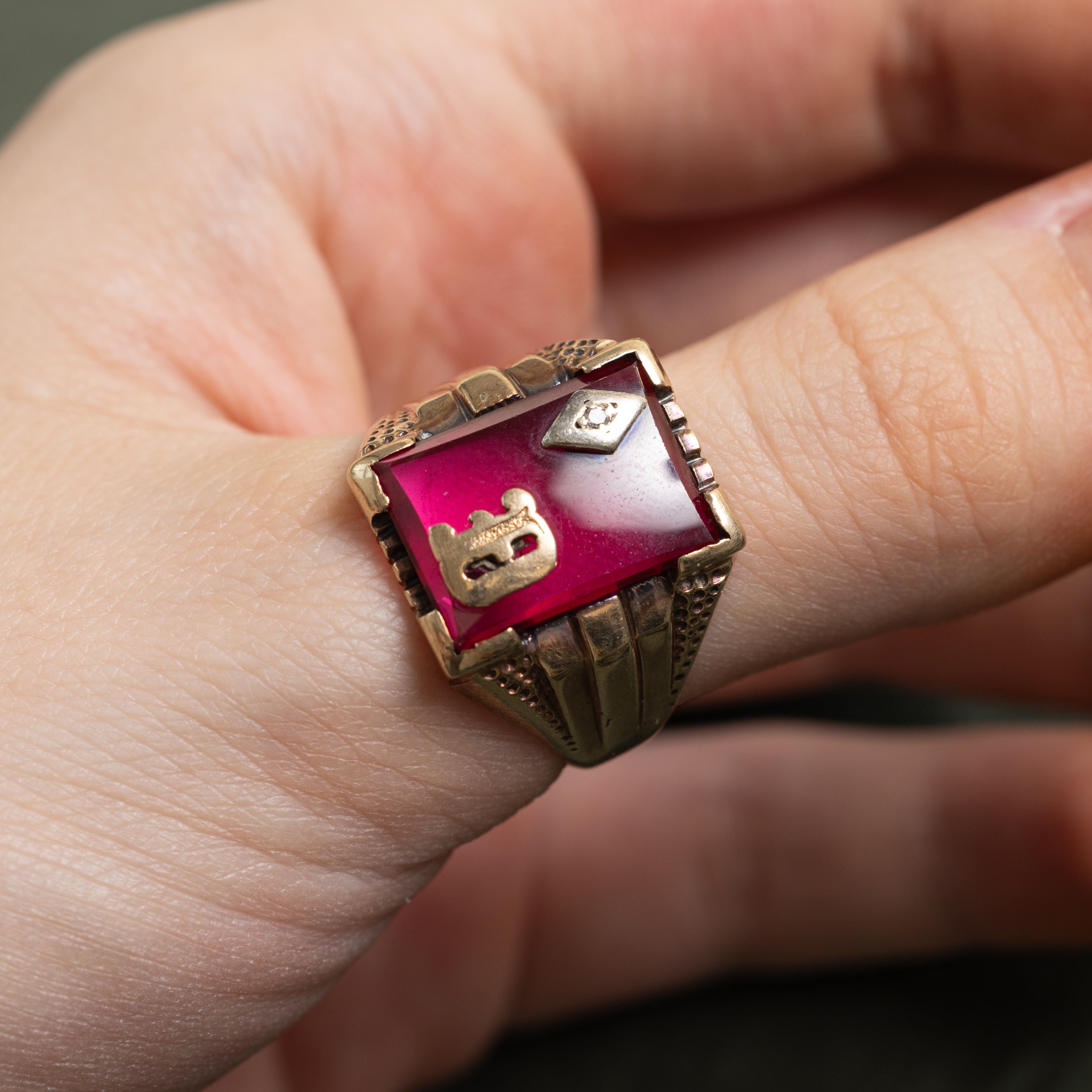 Synthetic Ruby & Natural Diamond "D" Signet Ring | SZ 10