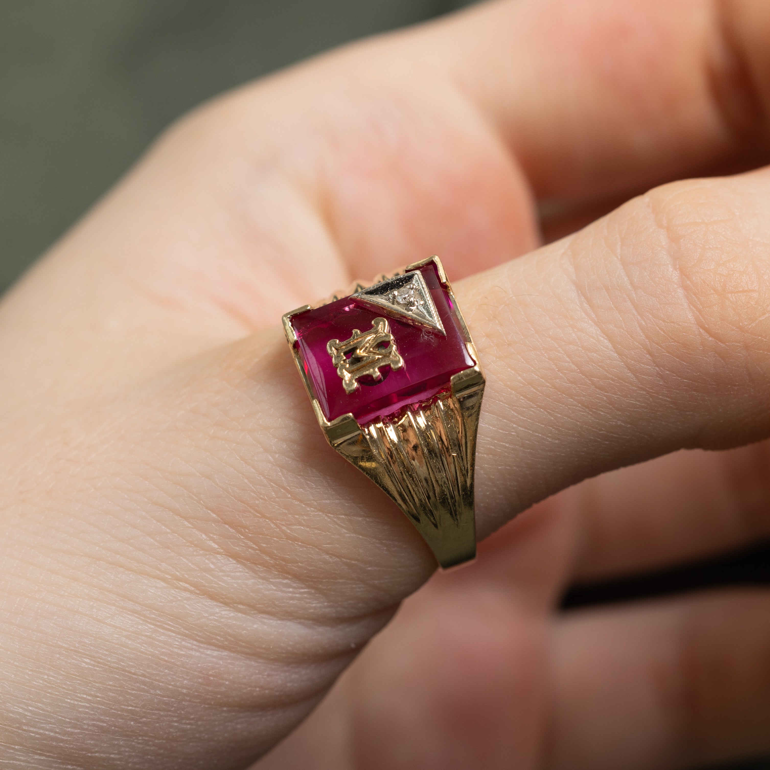 Synthetic Ruby & Natural Diamond "M" Grooved Signet Ring | SZ 10.75