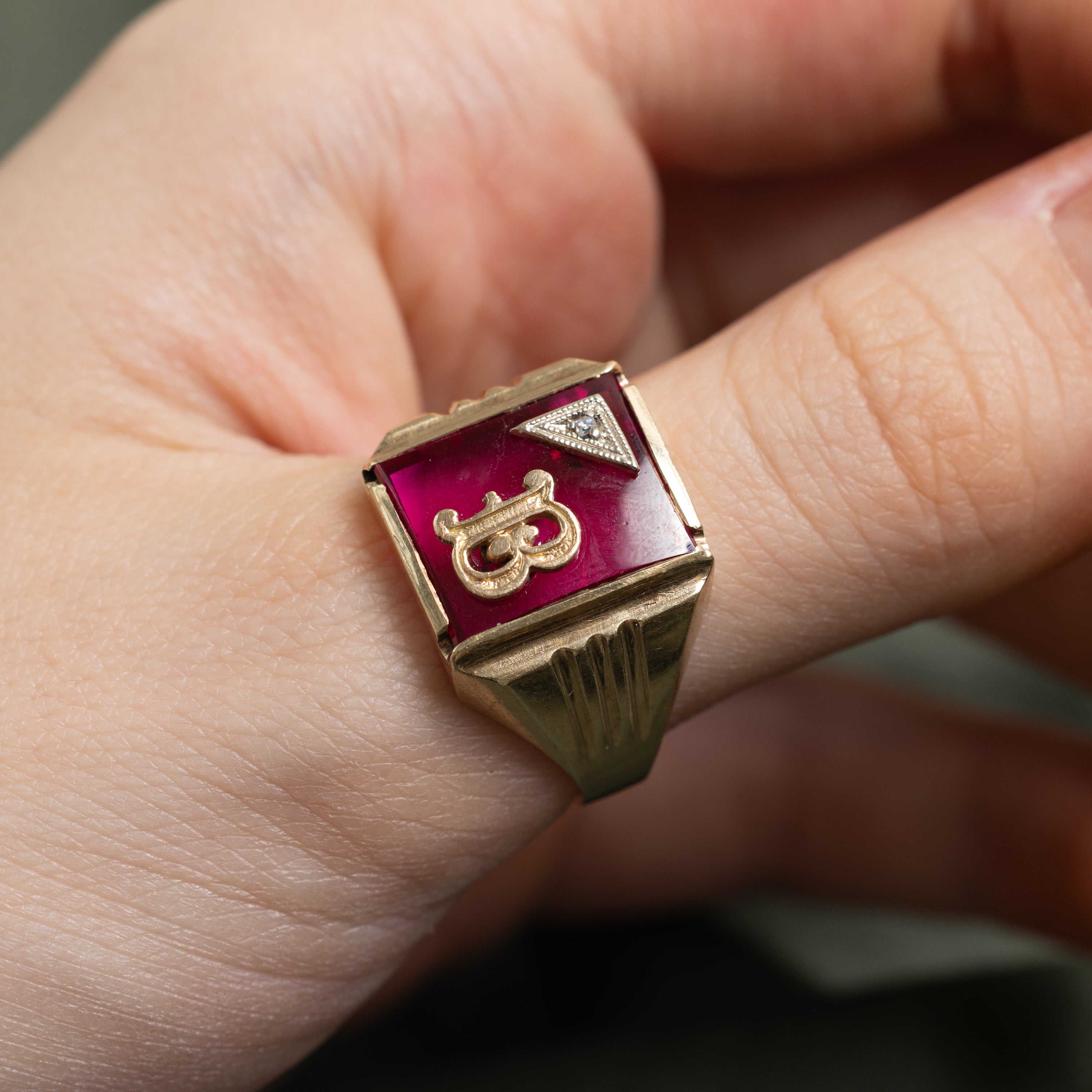 Synthetic Ruby & Natural Diamond "B" Signet Ring | SZ 11