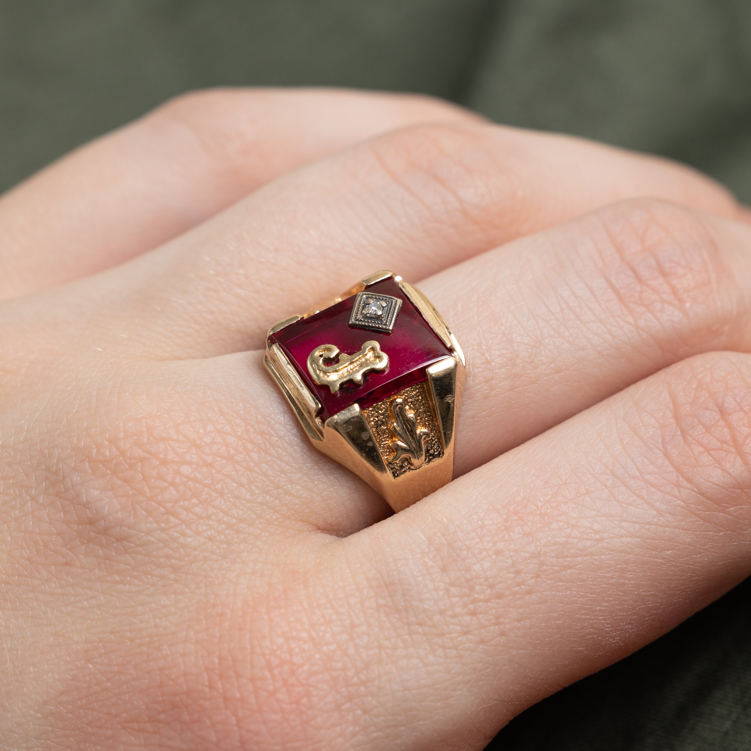 Synthetic Ruby & Natural Diamond "J" Signet Ring | SZ 8