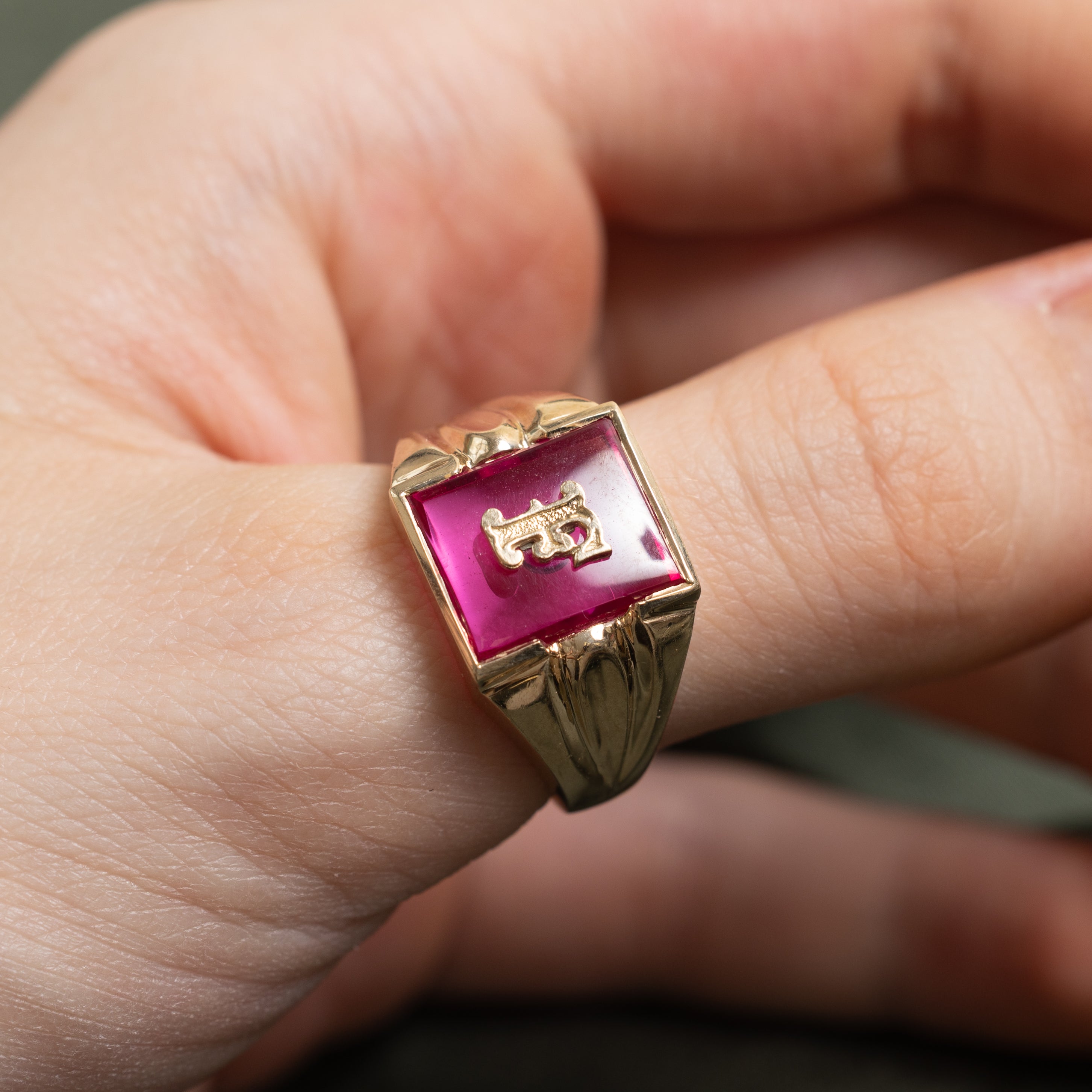 Synthetic Ruby "F" Grooved Signet Ring | SZ 9.25