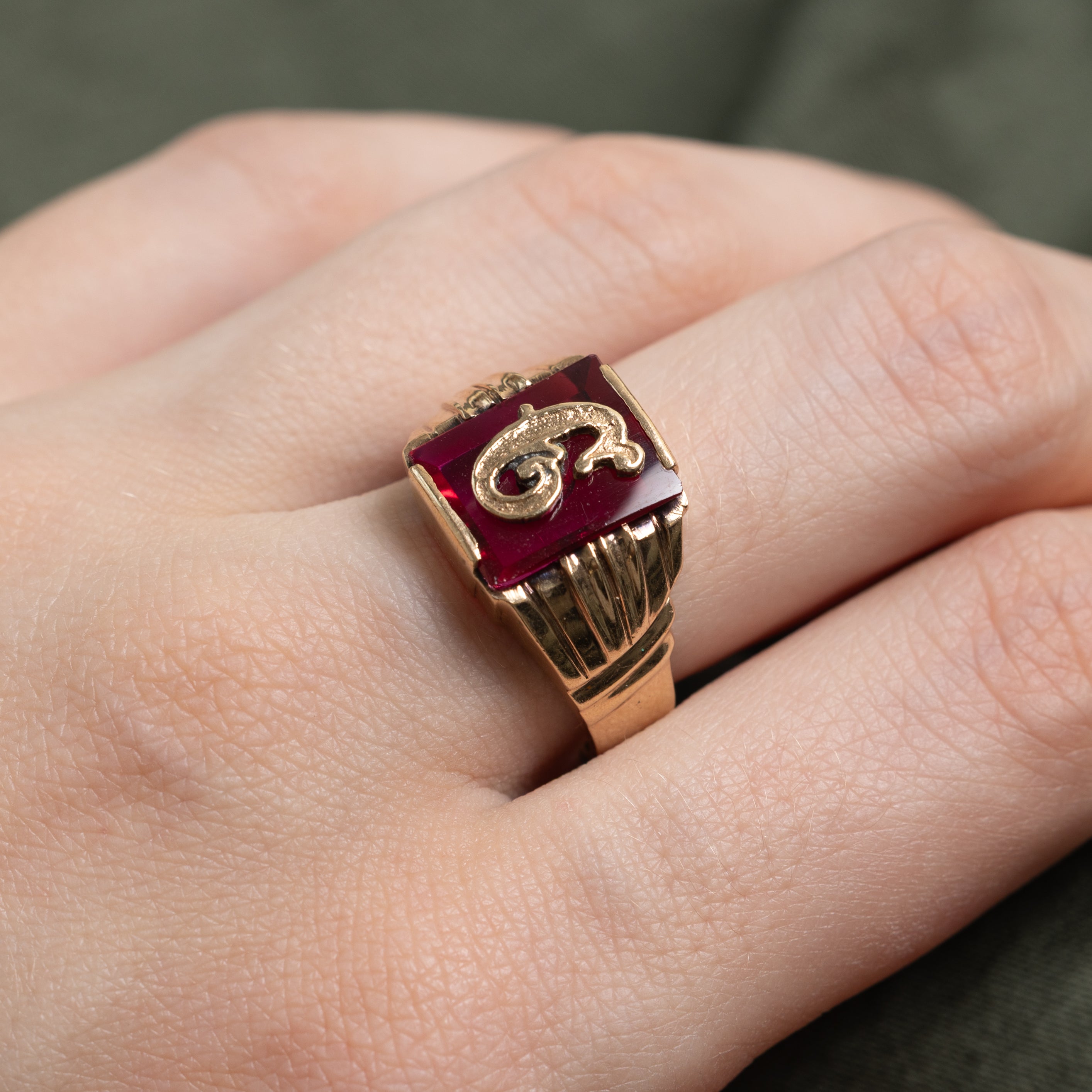 Synthetic Ruby "C" Initial Grooved Signet Ring | SZ 7.75