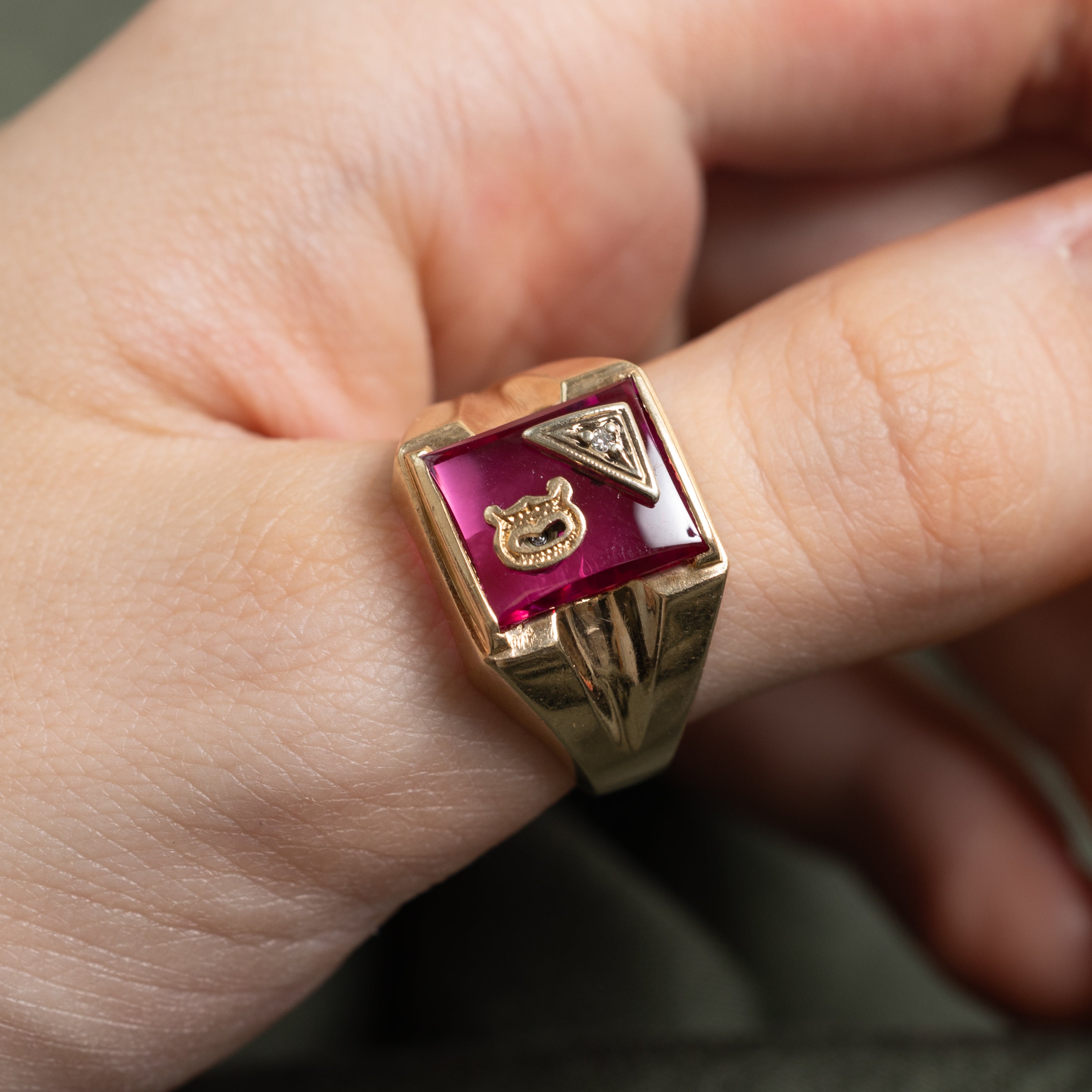 Synthetic Ruby & Natural Diamond "D" Signet Ring | SZ 10