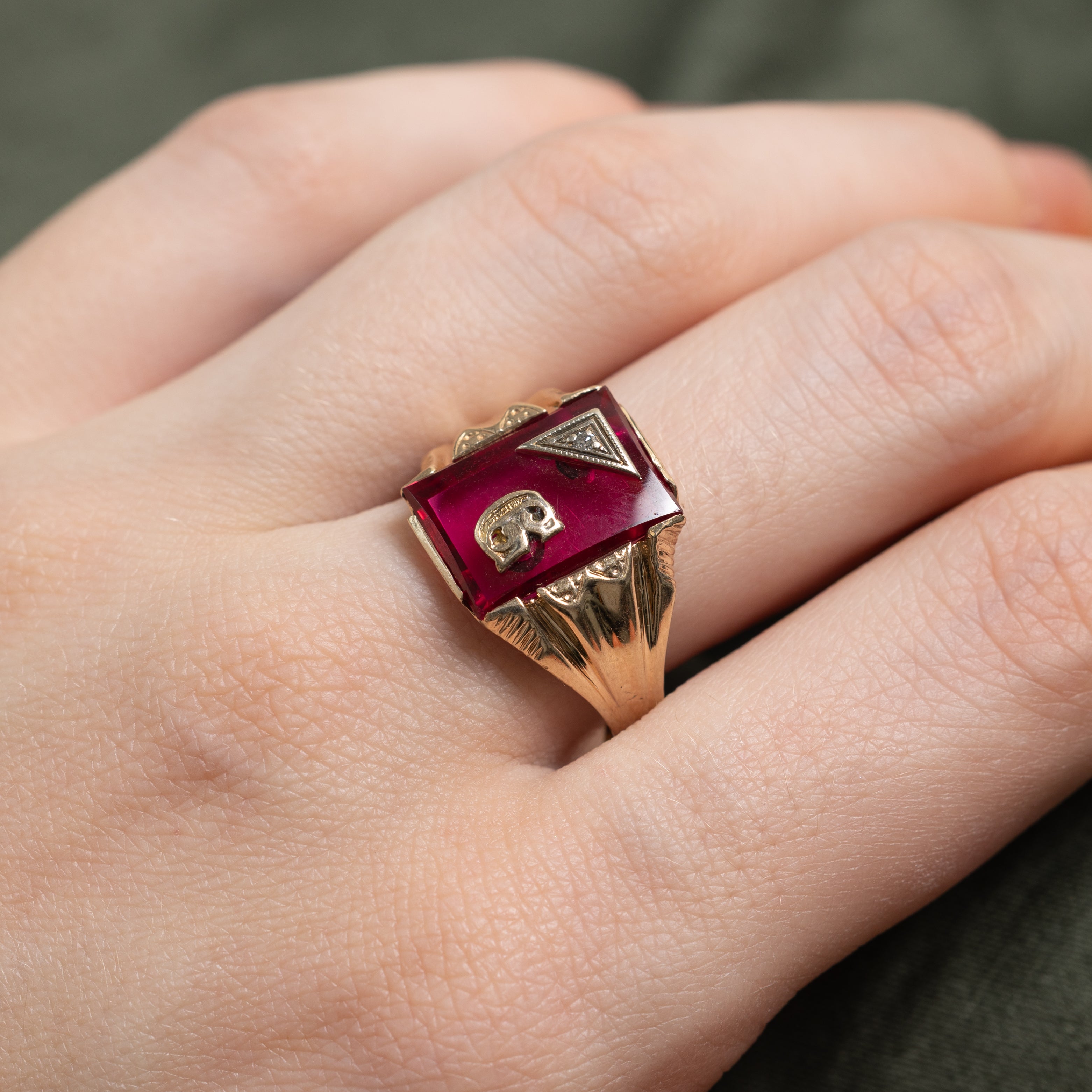 Synthetic Ruby & Natural Diamond "G" Initial Signet Ring | SZ 9.5