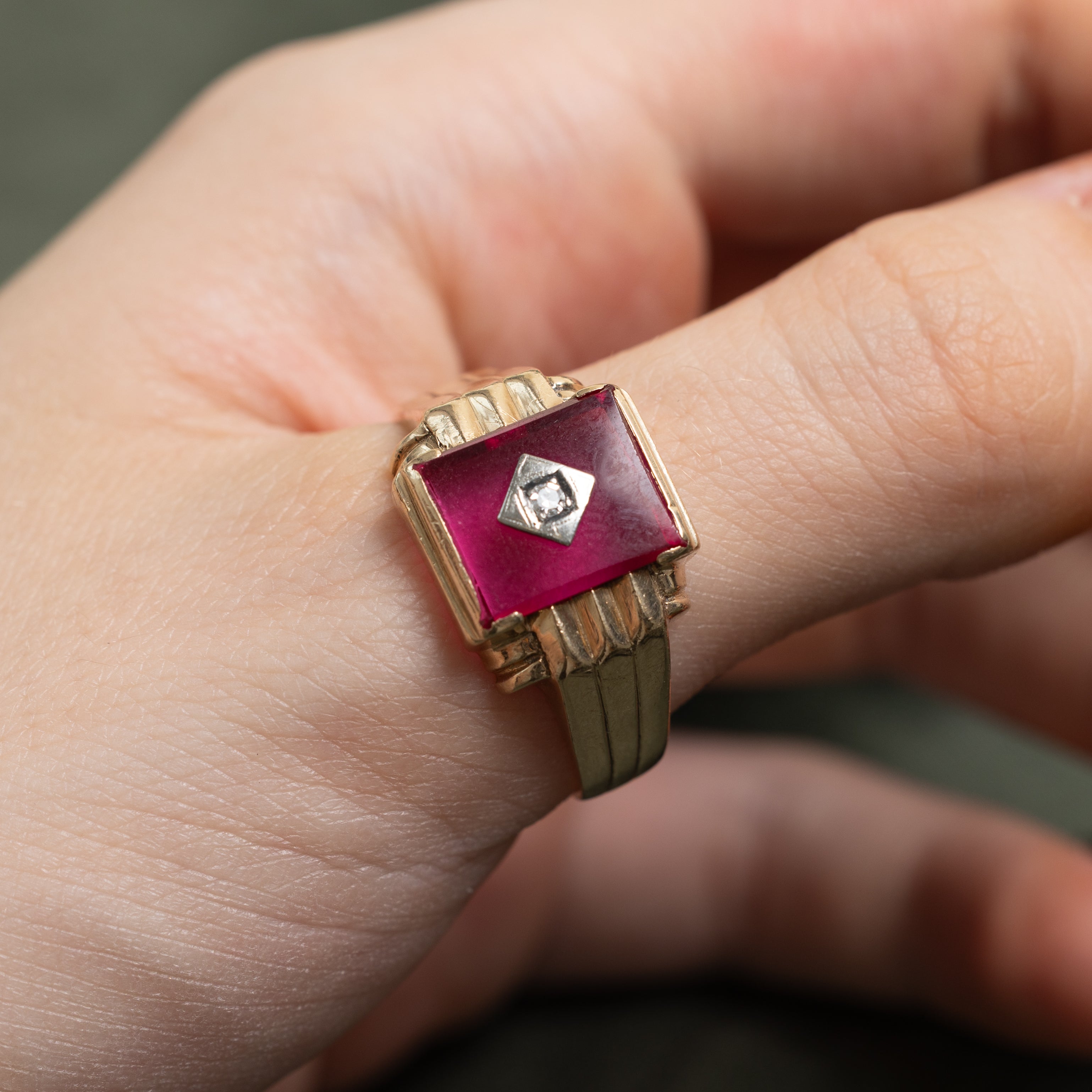 Synthetic Ruby & Natural Diamond Signet Ring | SZ 12.75