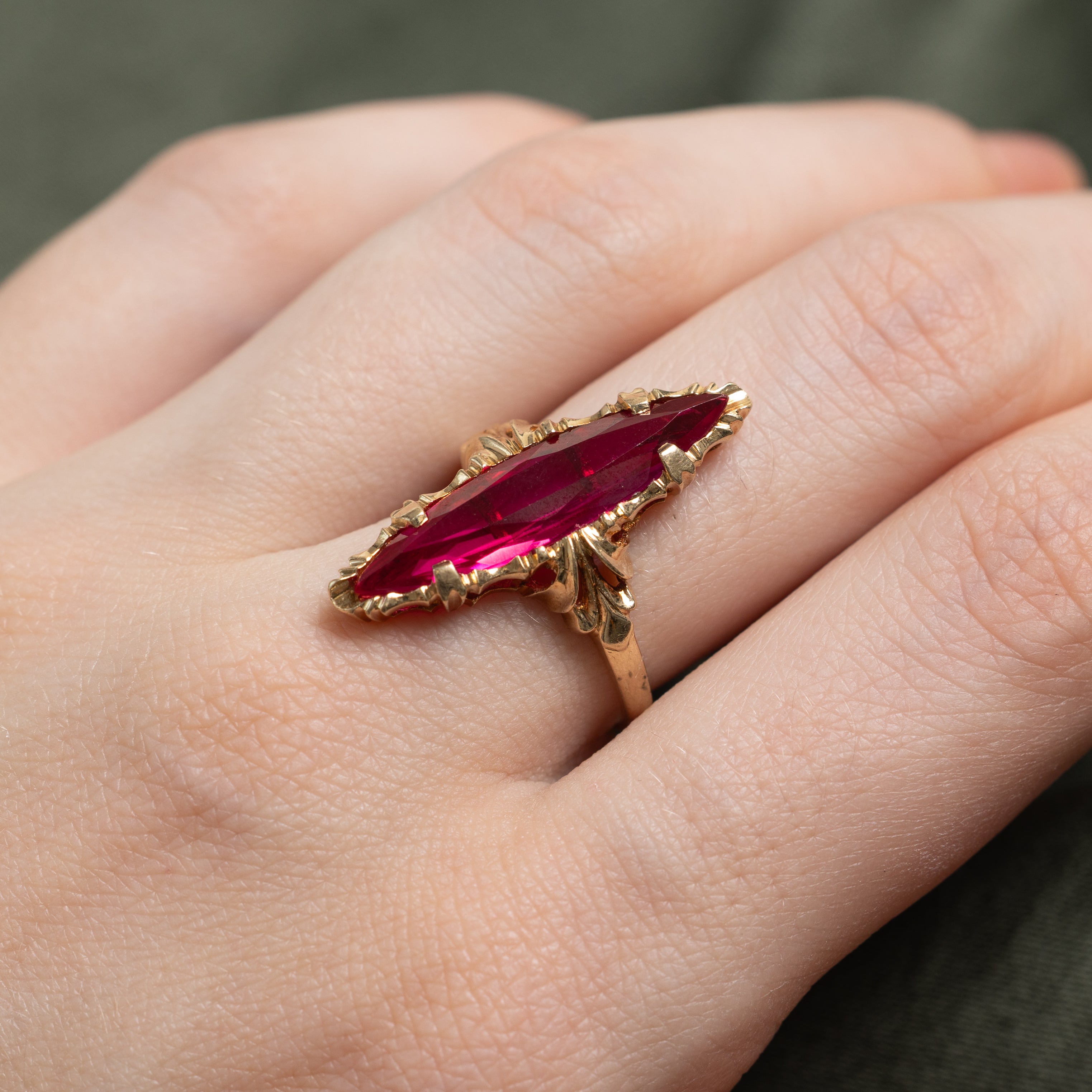 Synthetic Ruby Scrollwork Navette Ring | SZ 7