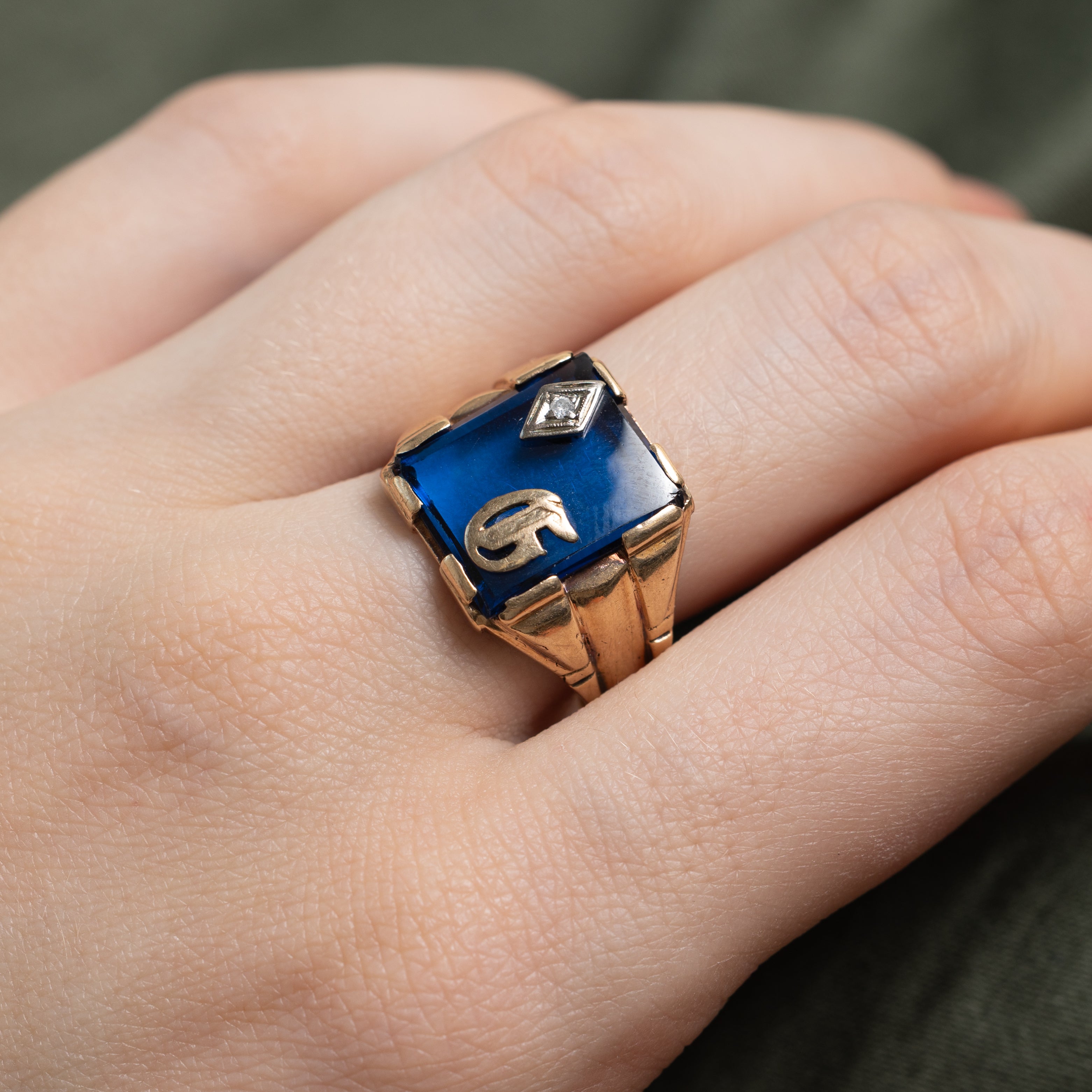 Synthetic Sapphire & Natural Diamond "G" Initial Signet Ring | SZ 8.75