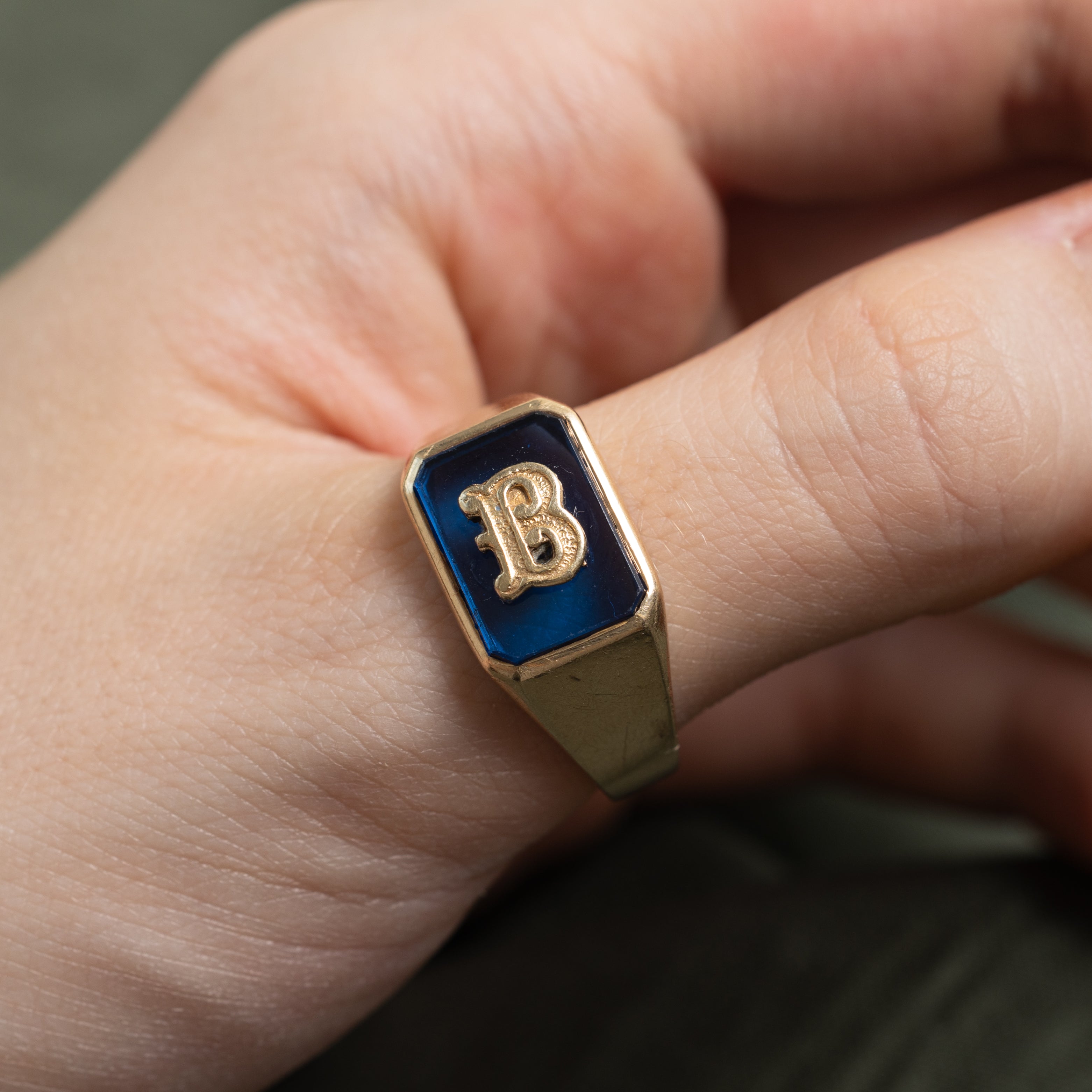 Synthetic Sapphire "B" Initial Signet Ring | SZ 11