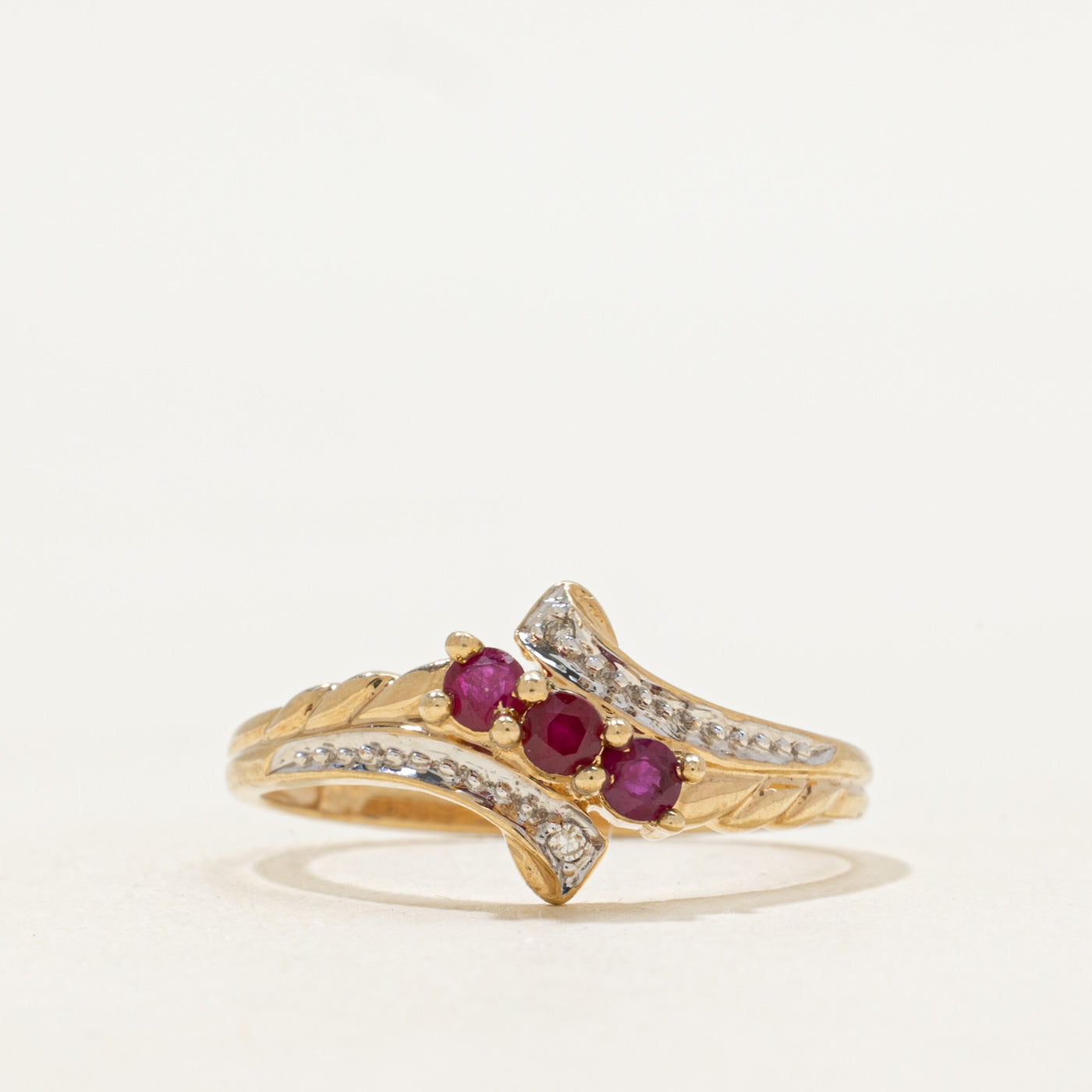 Three Stone Ruby & Diamond Bypass Ring | SZ 7